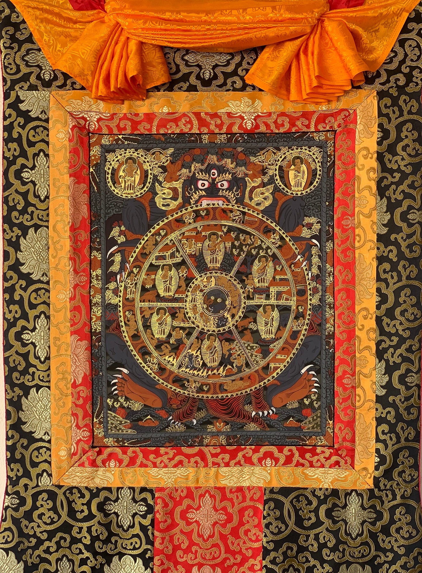 Hand-Painted , RIDUK, Buddha Life,  Bhavachakra Mandala, Thangka  Painting, with Silk Brocade