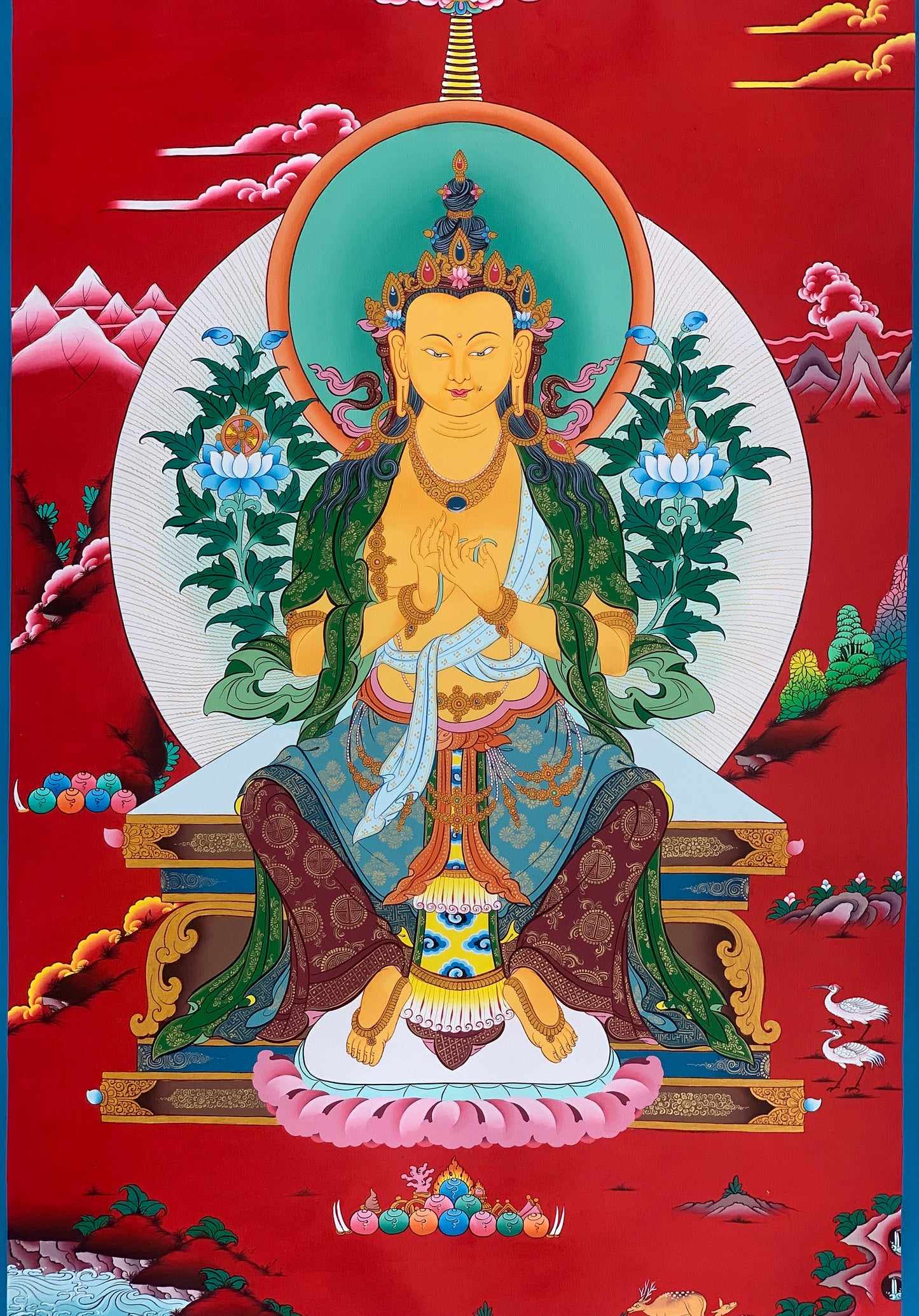 Hand-Painted, Maitreya, The Future Buddha, Rare, Masterpiece,  Gold,  Thangka Painting  20 x 30 -Inch