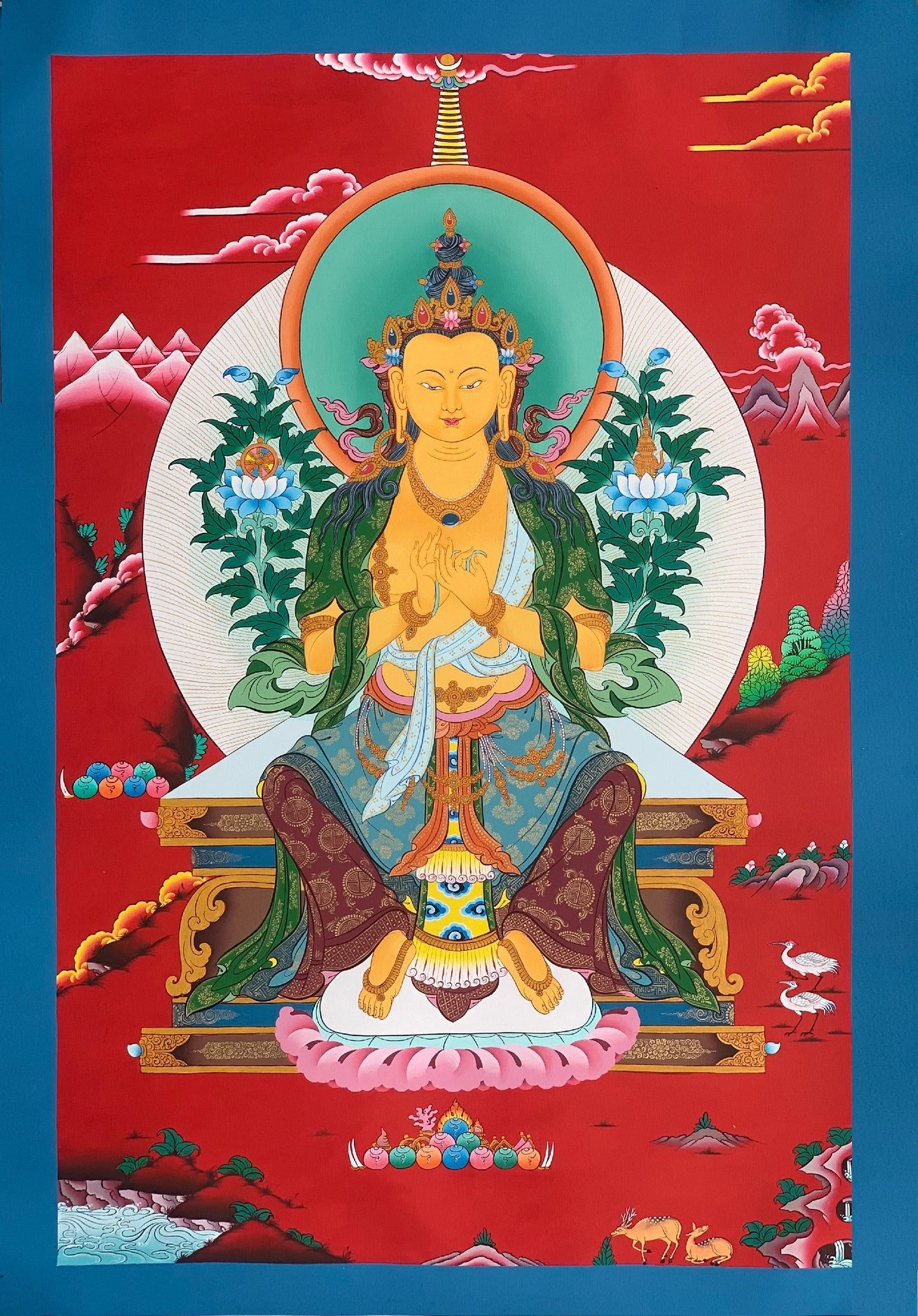 Hand-Painted, Maitreya, The Future Buddha, Rare, Masterpiece,  Gold,  Thangka Painting  20 x 30 -Inch