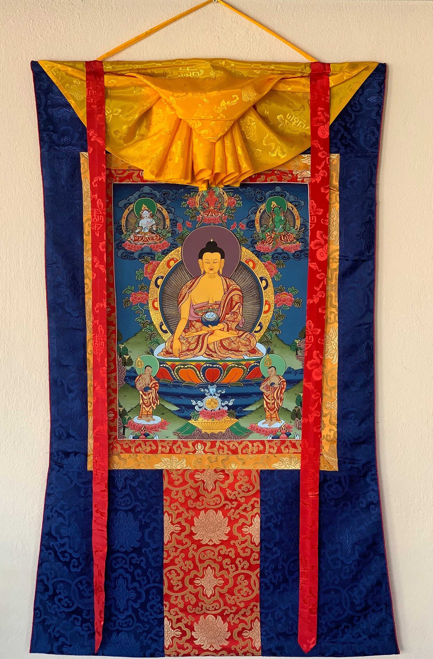 Hand-painted  Shakyamuni, Gautama Buddha, Thangka Painting, Bordered with traditional Silk