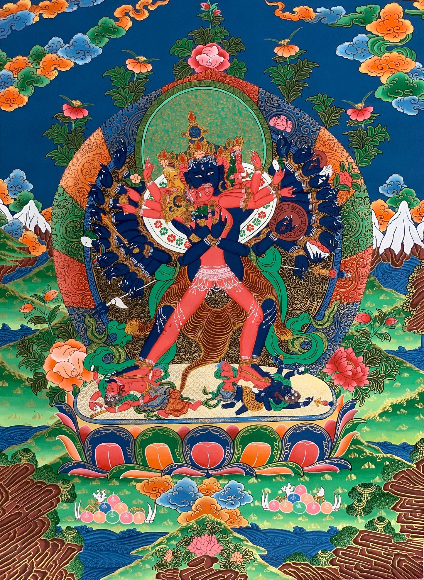 Kalachakra with consort Kalacakri/ Visvamata in Divine Union Original Masterpiece Tibetan Thangka Painting/ Kalacakra Tantra Art