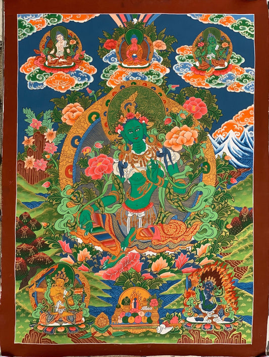 Hand-painted Green Tara, Shyamatara, Mother Goddess, Thangka Painting  20 x 30-Inch