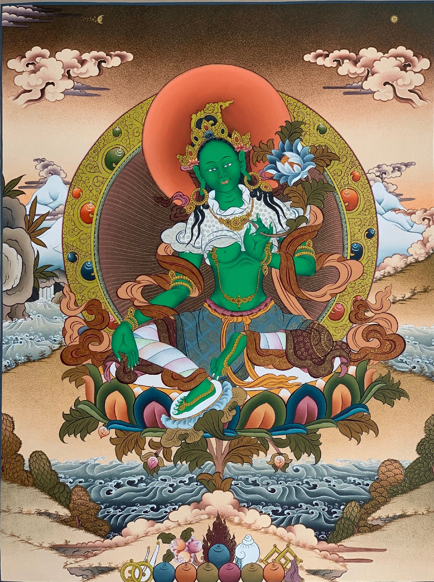 Original Hand painted Green Tara Goddess of Compassion 24 K Gold Masterpiece Tibetan Thangka /Thanka Painting/Wall Hanging  From Nepal