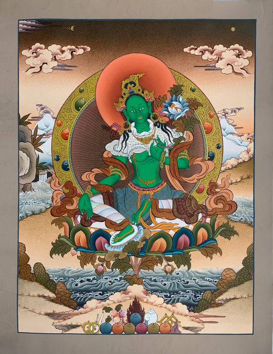 Original Hand painted Green Tara Goddess of Compassion 24 K Gold Masterpiece Tibetan Thangka /Thanka Painting/Wall Hanging  From Nepal