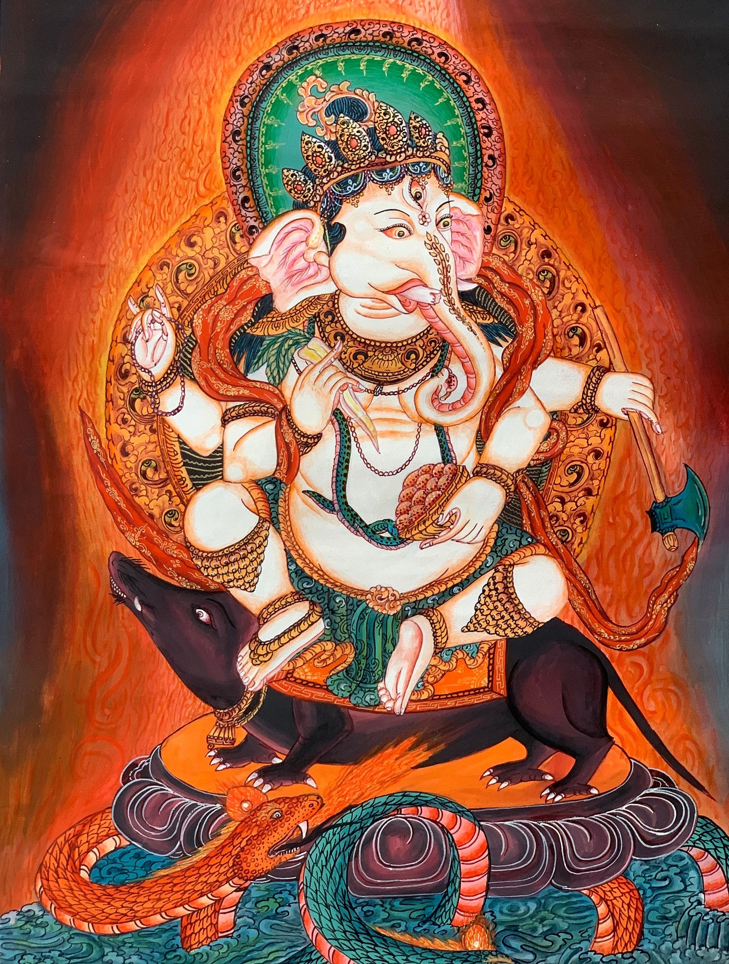 Hand-painted Original Newari Ganesh / Ganesha  Masterpiece Thanka  / Thangka Painting  Compassion Meditation Art From Nepal