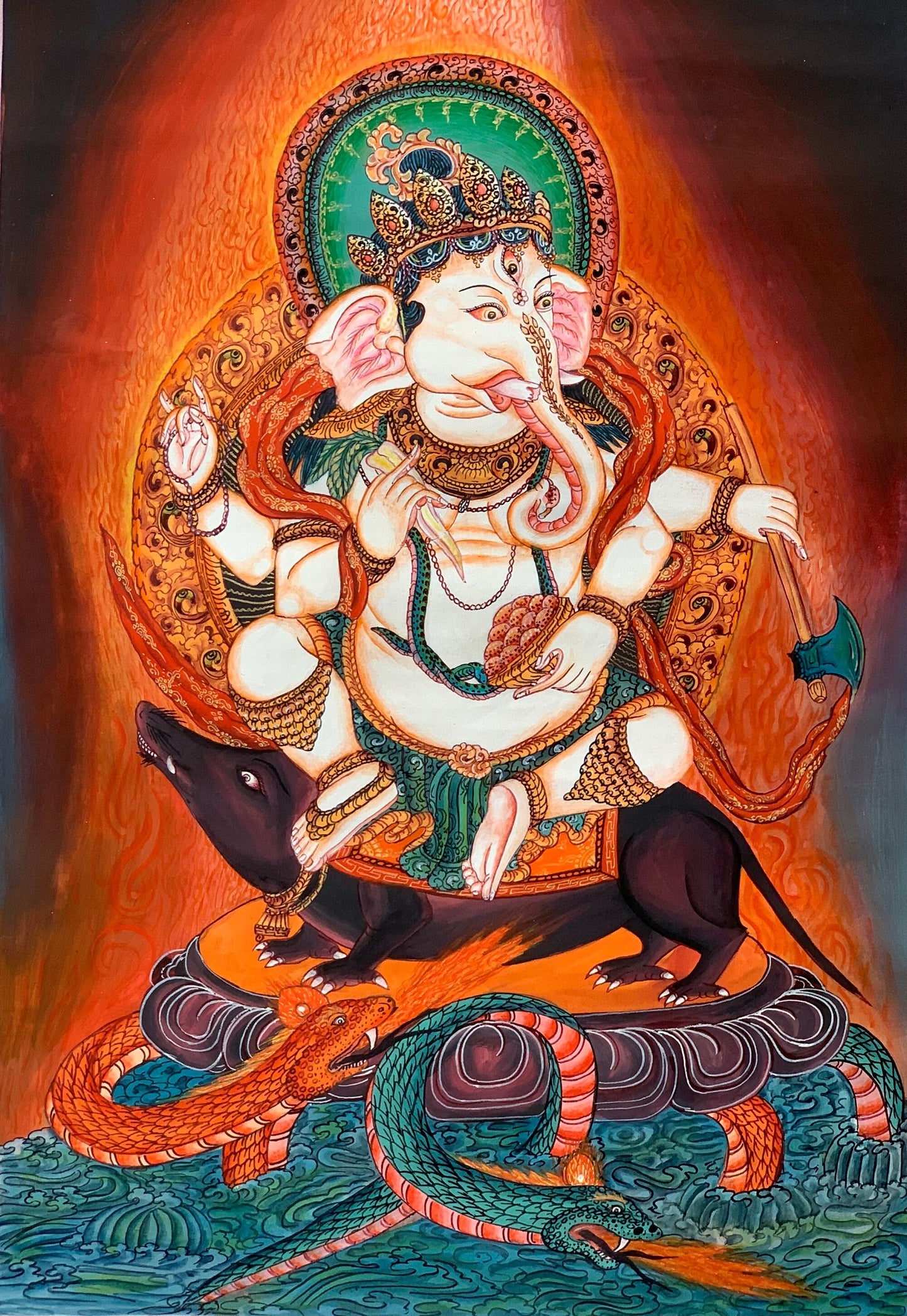 Hand-painted Original Newari Ganesh / Ganesha  Masterpiece Thanka  / Thangka Painting  Compassion Meditation Art From Nepal