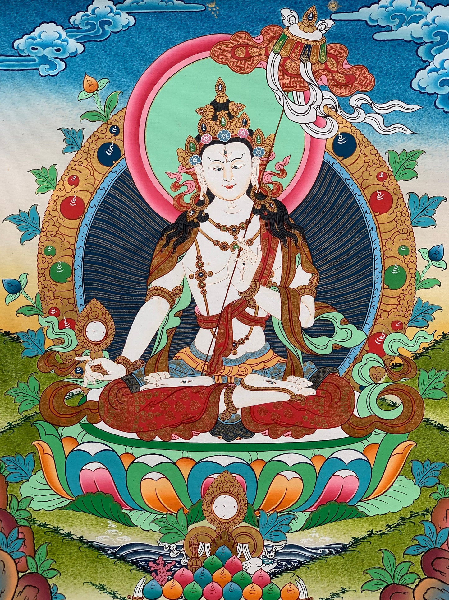 Original Hand-painted  Ushnisha, Sitatapatra, Dukar, Dhukar, Lady of the White Umbrella, Tibetan Thangka Painting from Nepal