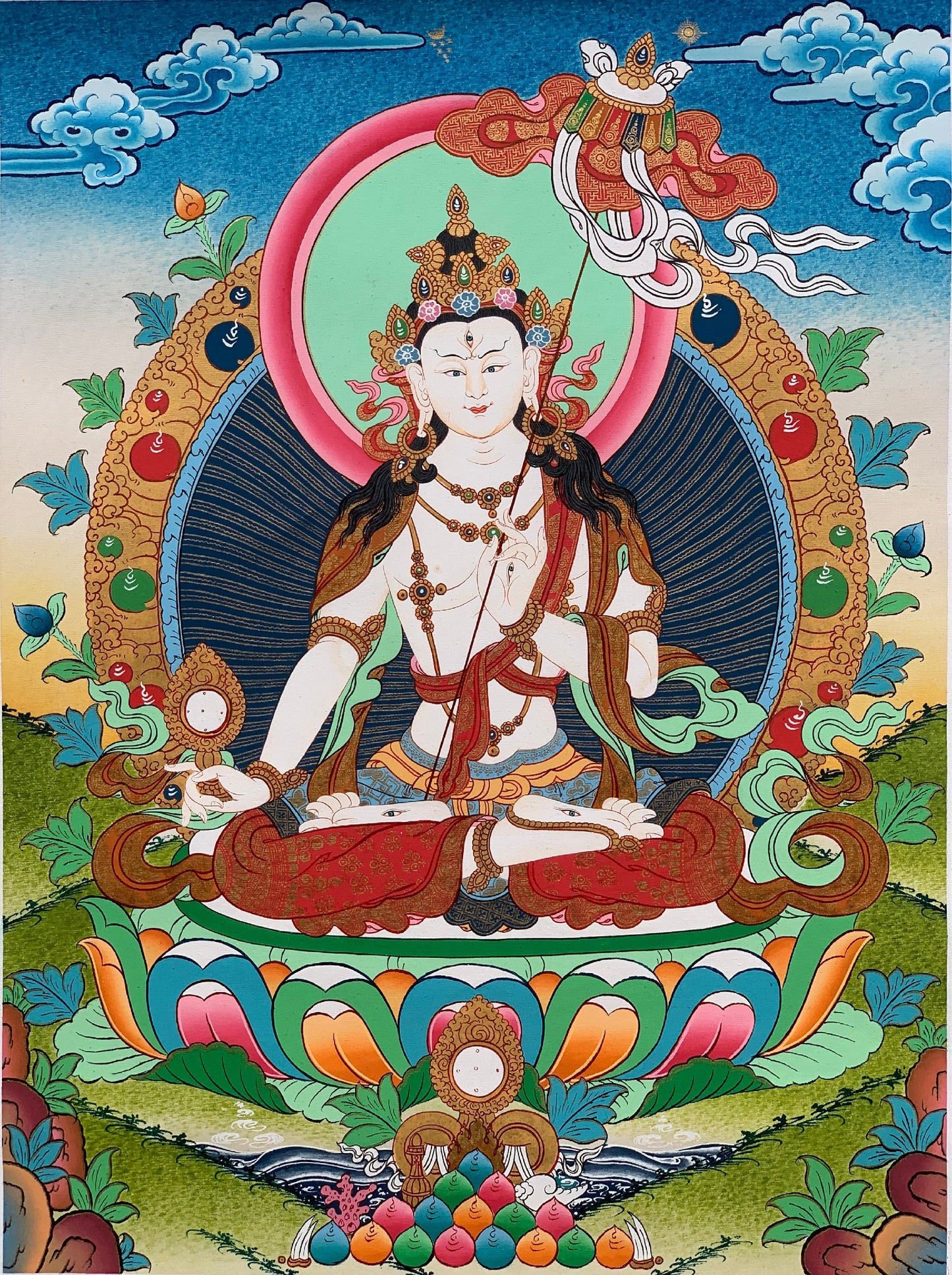 Original Hand-painted  Ushnisha, Sitatapatra, Dukar, Dhukar, Lady of the White Umbrella, Tibetan Thangka Painting from Nepal