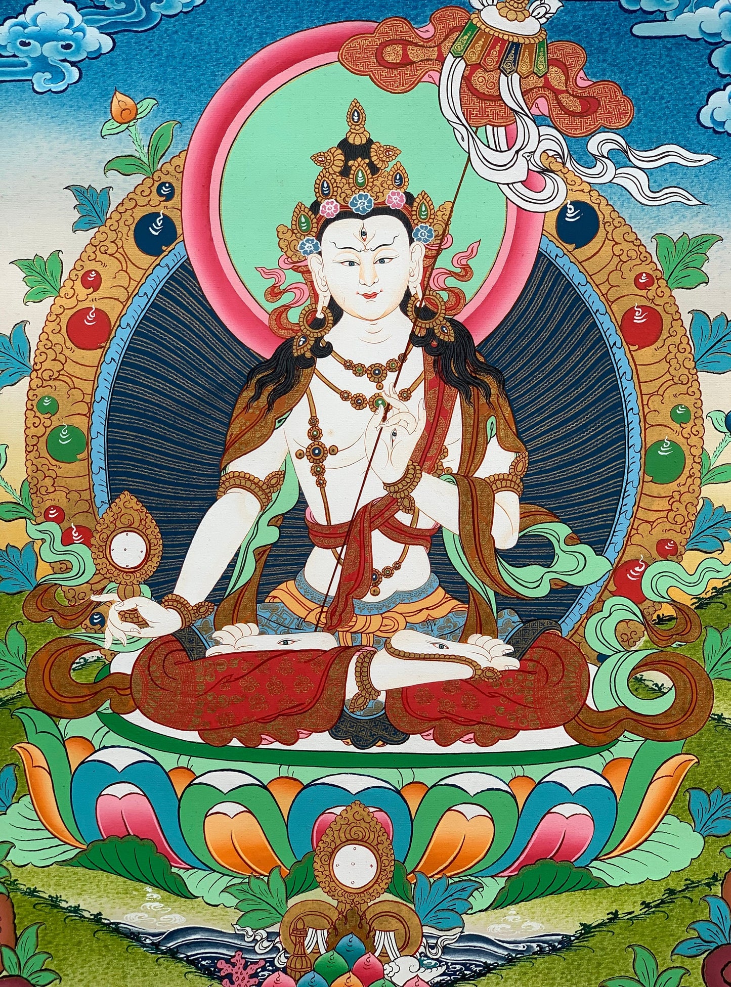 Original Hand-painted  Ushnisha, Sitatapatra, Dukar, Dhukar, Lady of the White Umbrella, Tibetan Thangka Painting from Nepal