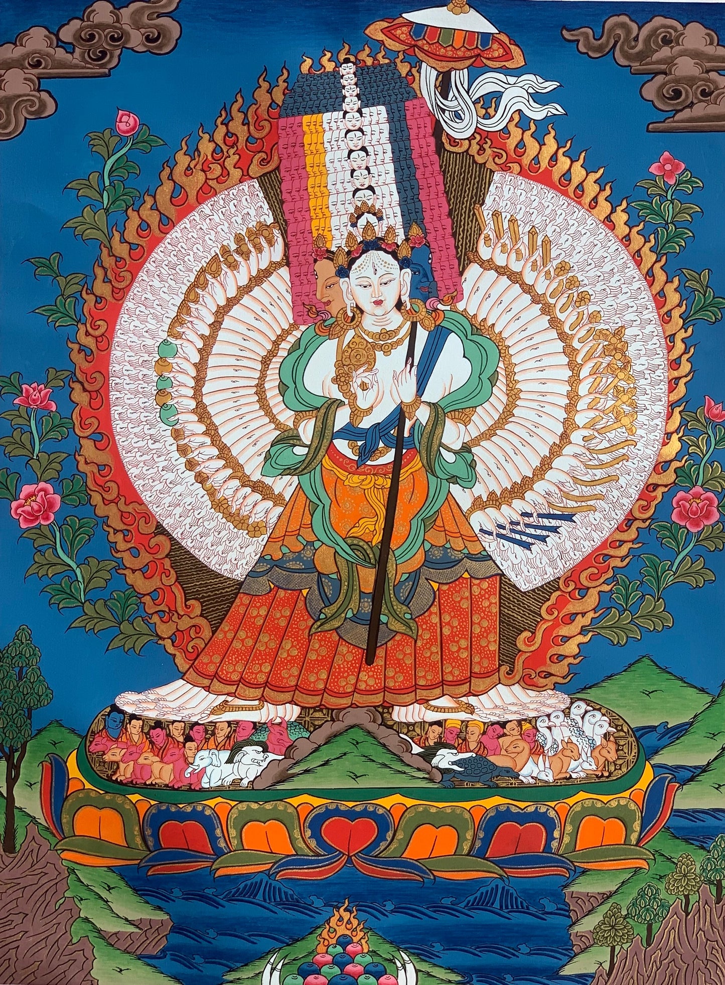 Original Hand painted Master Quality 1000 Armed Dukkar/Sitatapatra Lady of White Umbrella Compassion Meditation Tibetan Thangka Painting