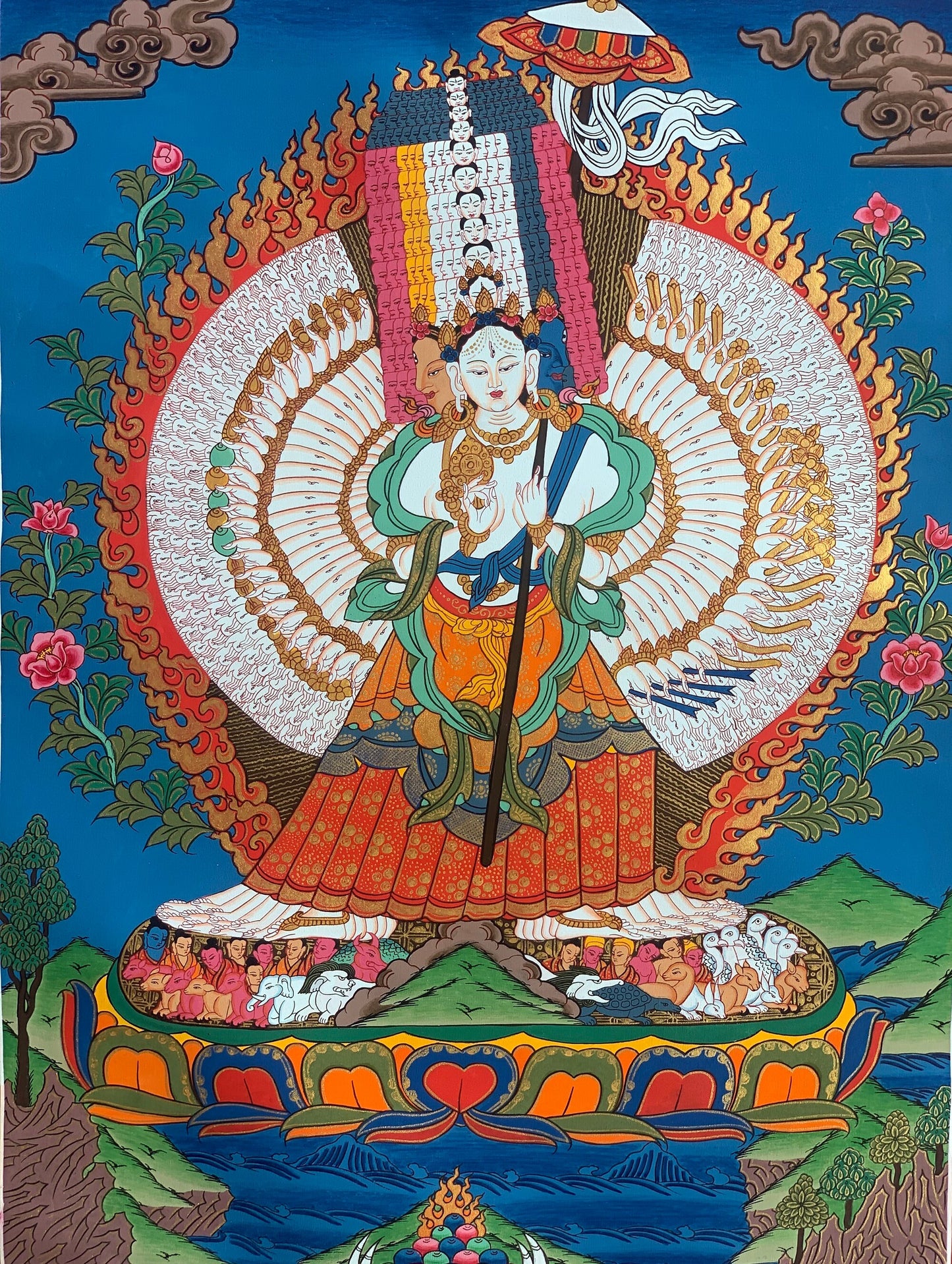 Original Hand painted Master Quality 1000 Armed Dukkar/Sitatapatra Lady of White Umbrella Compassion Meditation Tibetan Thangka Painting