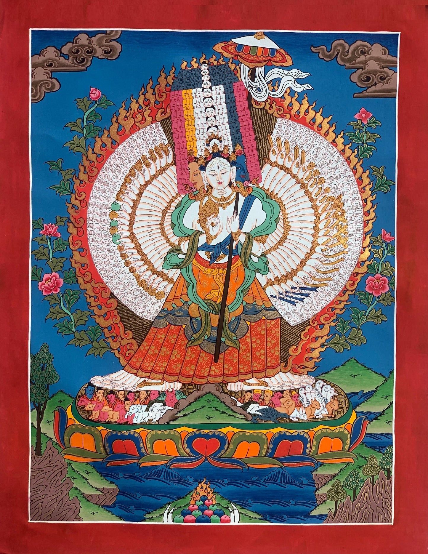 Original Hand painted Master Quality 1000 Armed Dukkar/Sitatapatra Lady of White Umbrella Compassion Meditation Tibetan Thangka Painting