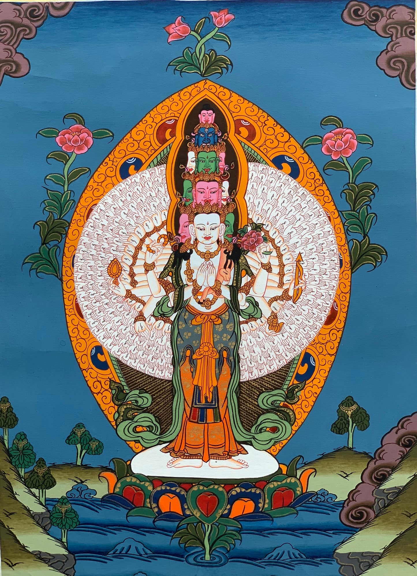 Hand-painted 1000 Armed Avalokitesvara, Lokeswor Tibetan Thangka Painting, Art  11 x 14-Inch