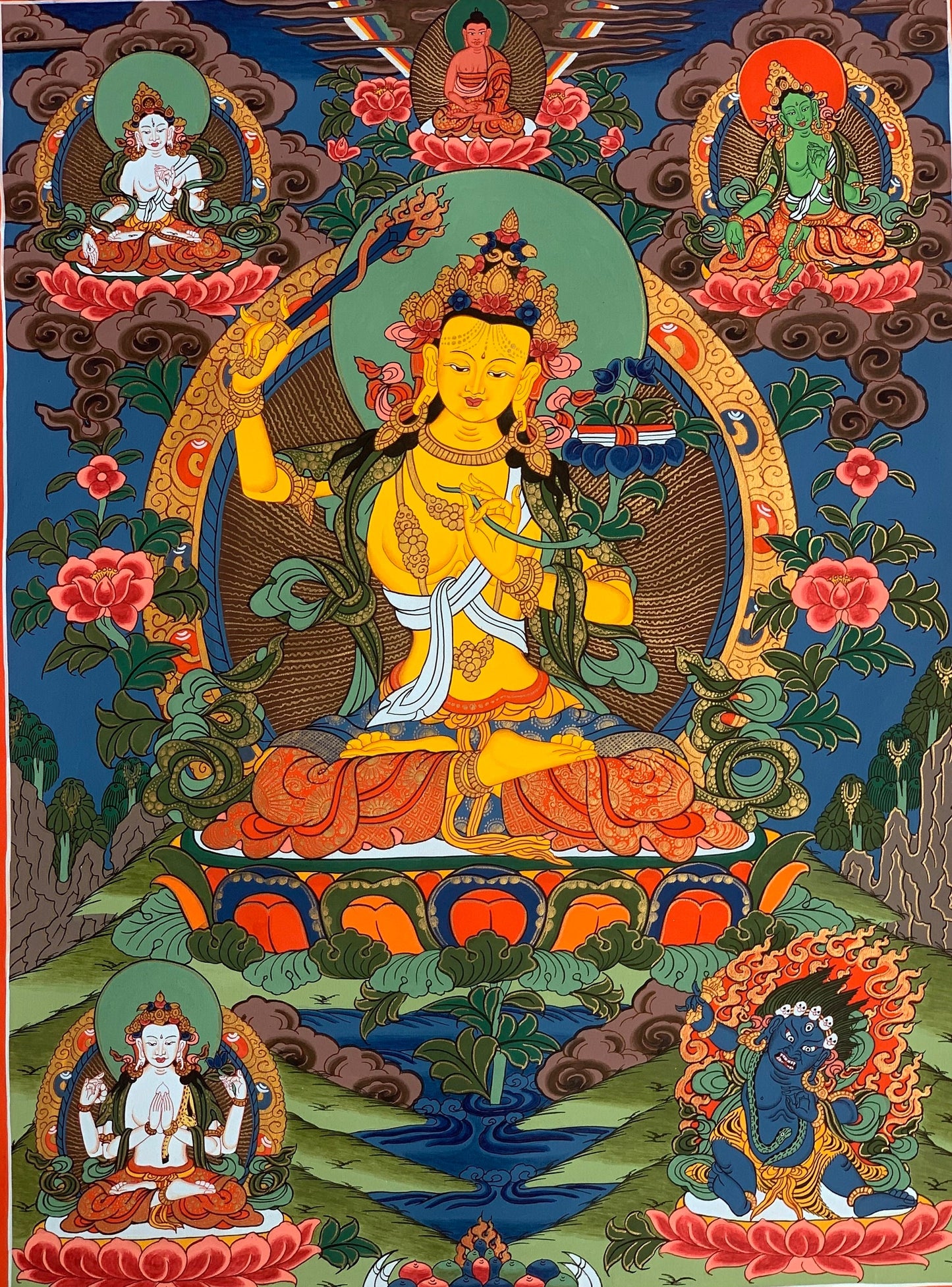 Hand-painted Manjushri, Manjushree, Wisdom Bodhisattva, Original Tibetan Thangka Painting 15 x 20- Inches