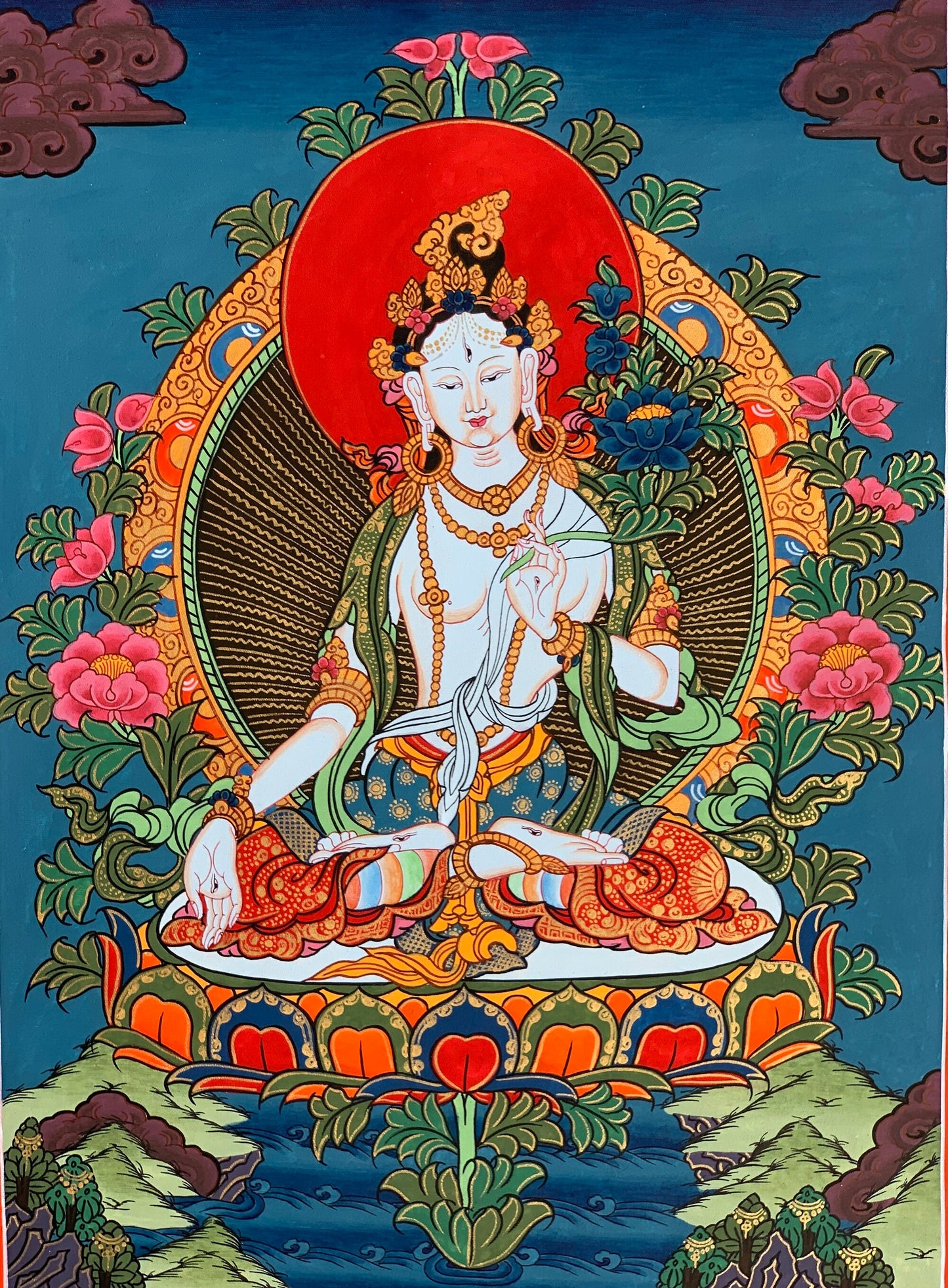 Hand-painted White Tara, Mother Goddess, Thangka Painting  11 x 15-Inches