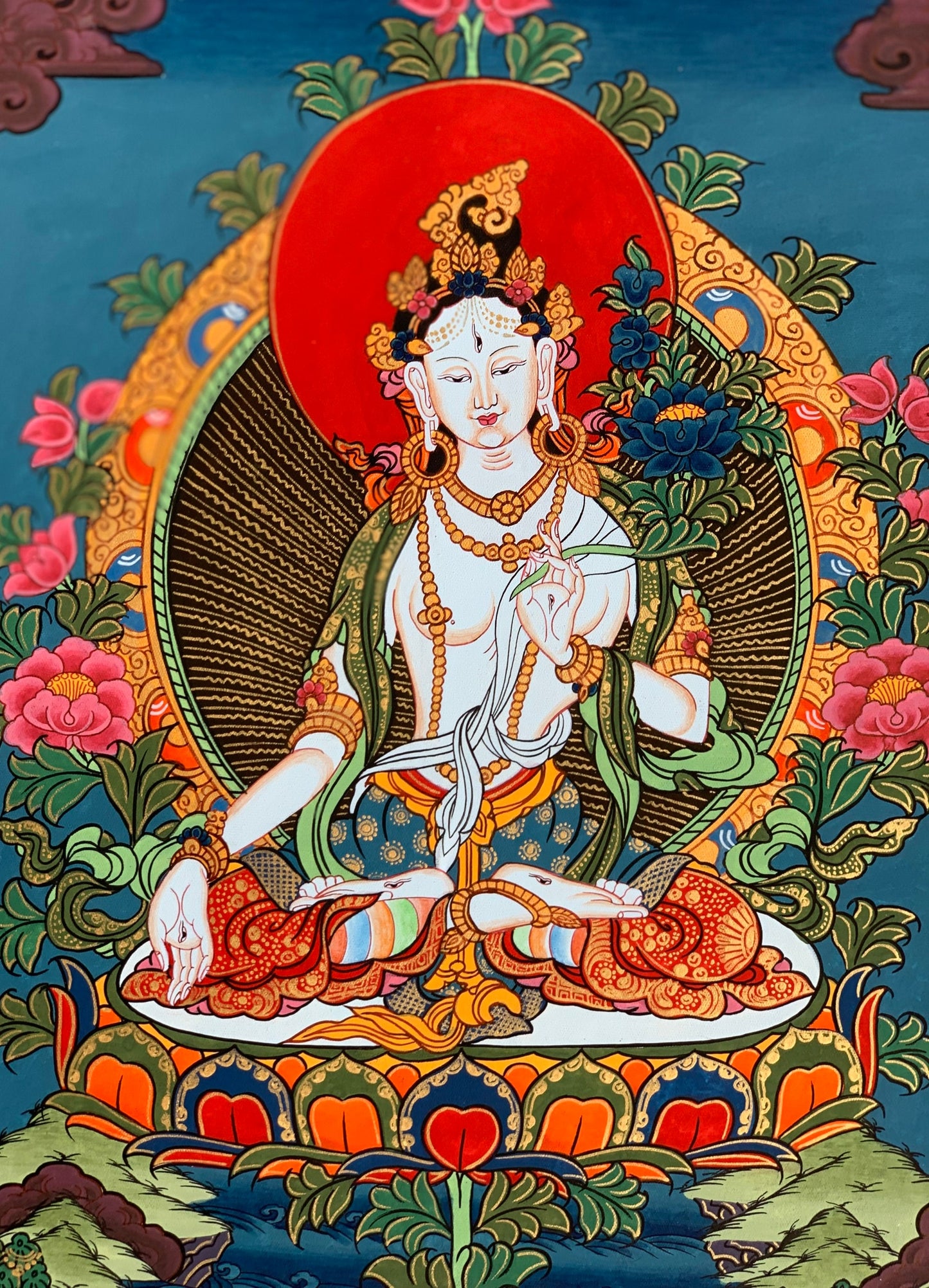 Hand-painted White Tara, Mother Goddess, Thangka Painting  11 x 15-Inches