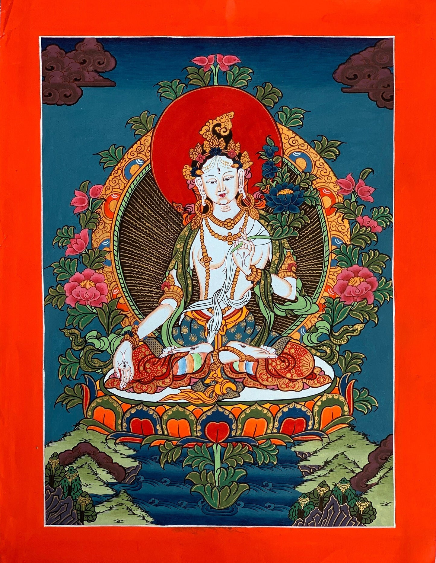 Hand-painted White Tara, Mother Goddess, Thangka Painting  11 x 15-Inches