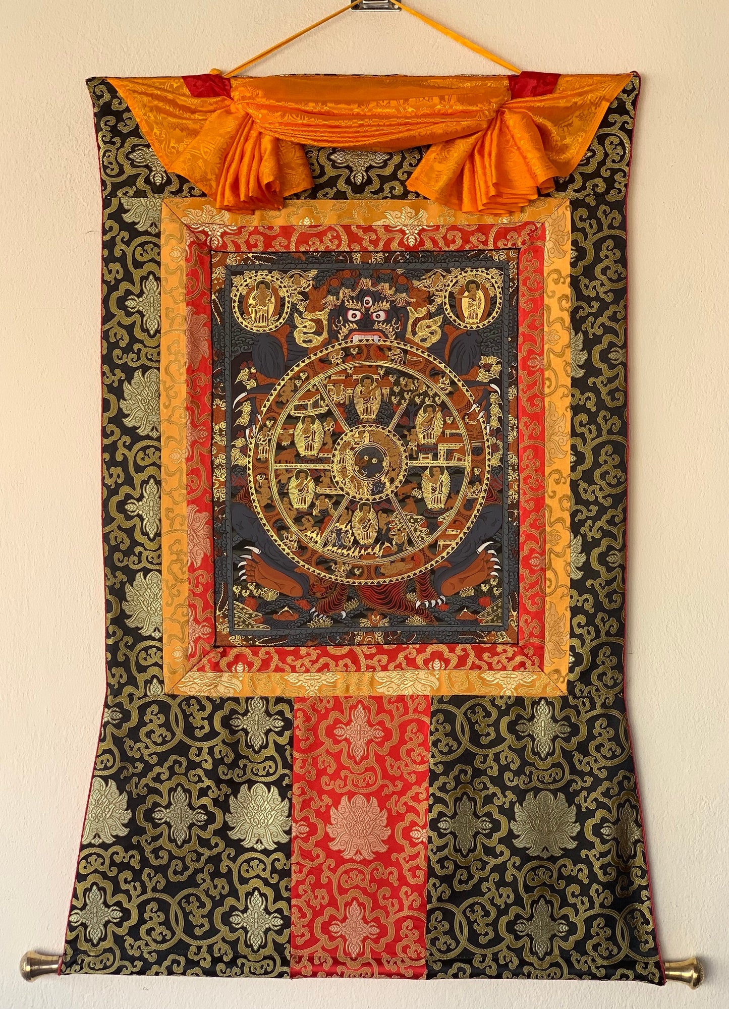 Hand-Painted , RIDUK, Buddha Life,  Bhavachakra Mandala, Thangka  Painting, with Silk Brocade