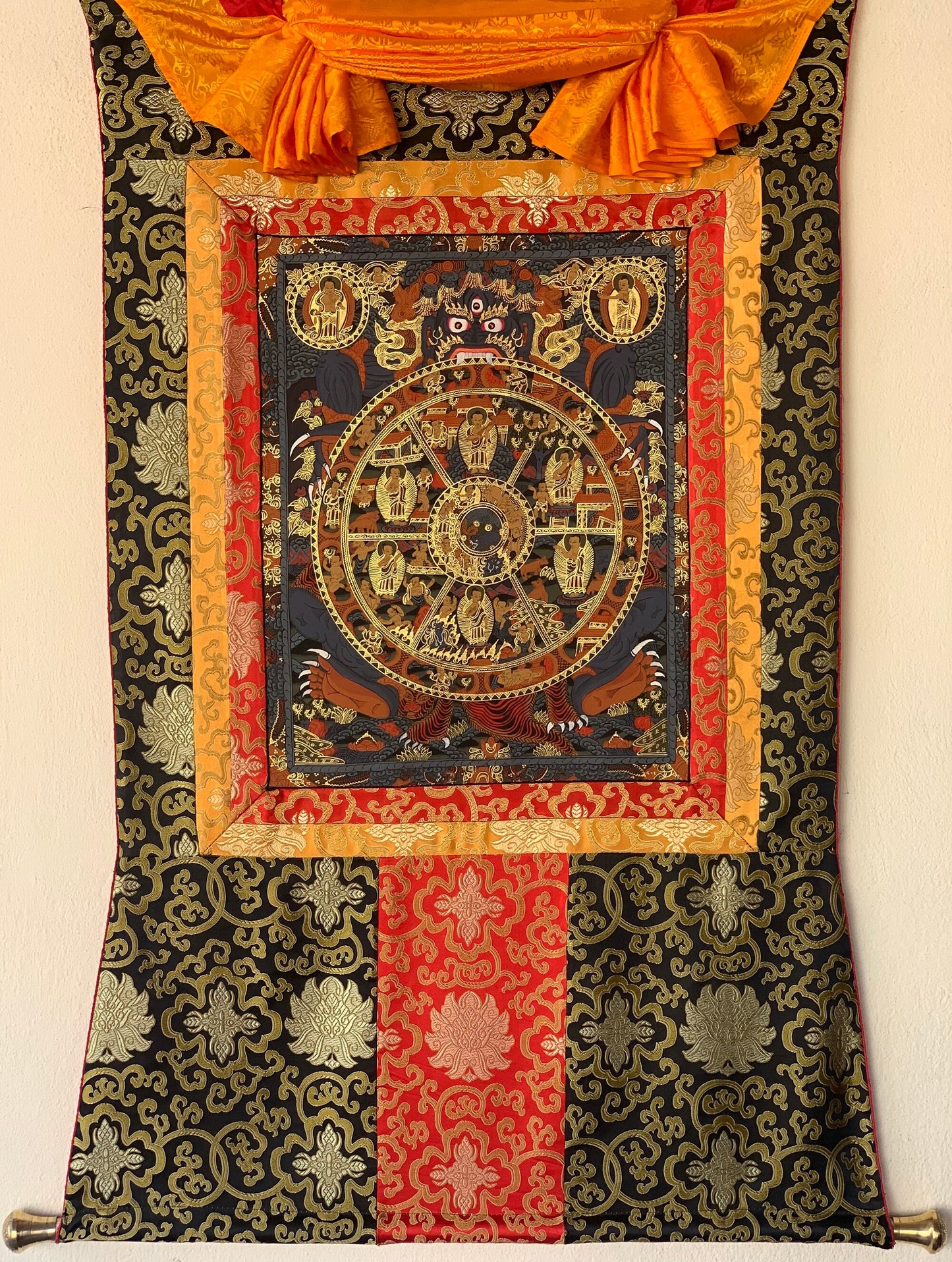 Hand-Painted , RIDUK, Buddha Life,  Bhavachakra Mandala, Thangka  Painting, with Silk Brocade