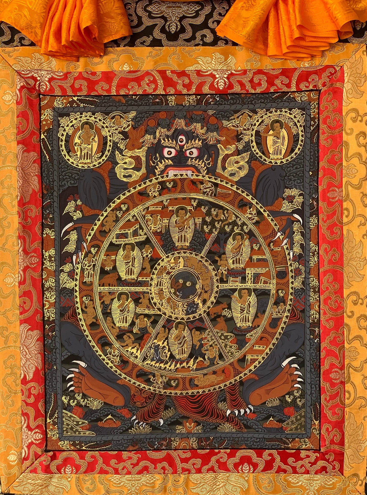 Hand-Painted , RIDUK, Buddha Life,  Bhavachakra Mandala, Thangka  Painting, with Silk Brocade