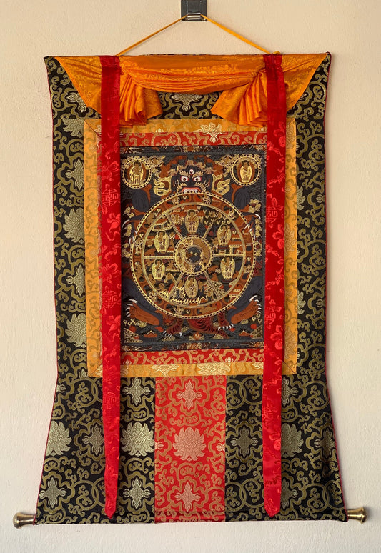 Hand-Painted , RIDUK, Buddha Life,  Bhavachakra Mandala, Thangka  Painting, with Silk Brocade