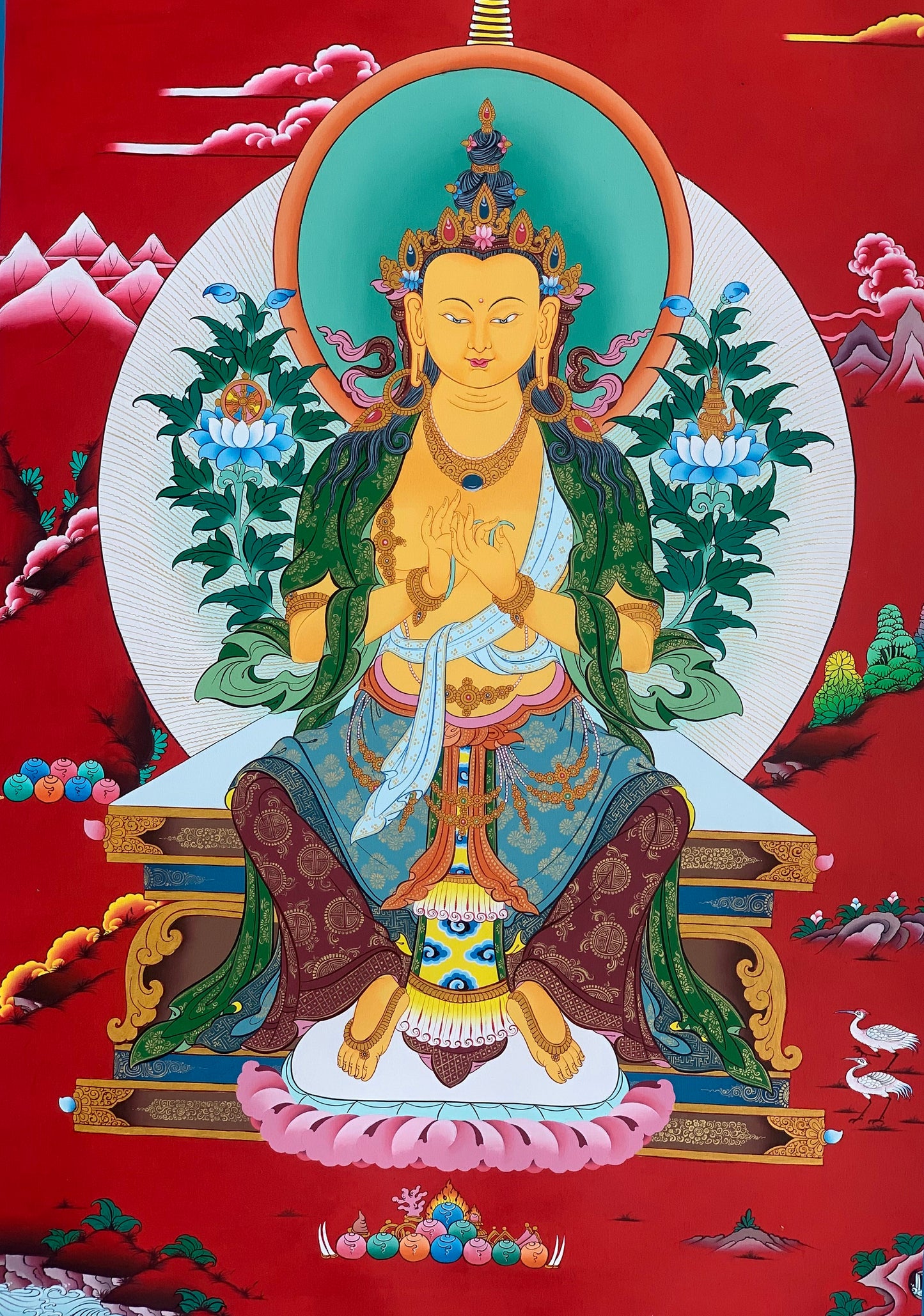 Hand-Painted, Maitreya, The Future Buddha, Rare, Masterpiece,  Gold,  Thangka Painting  20 x 30 -Inch