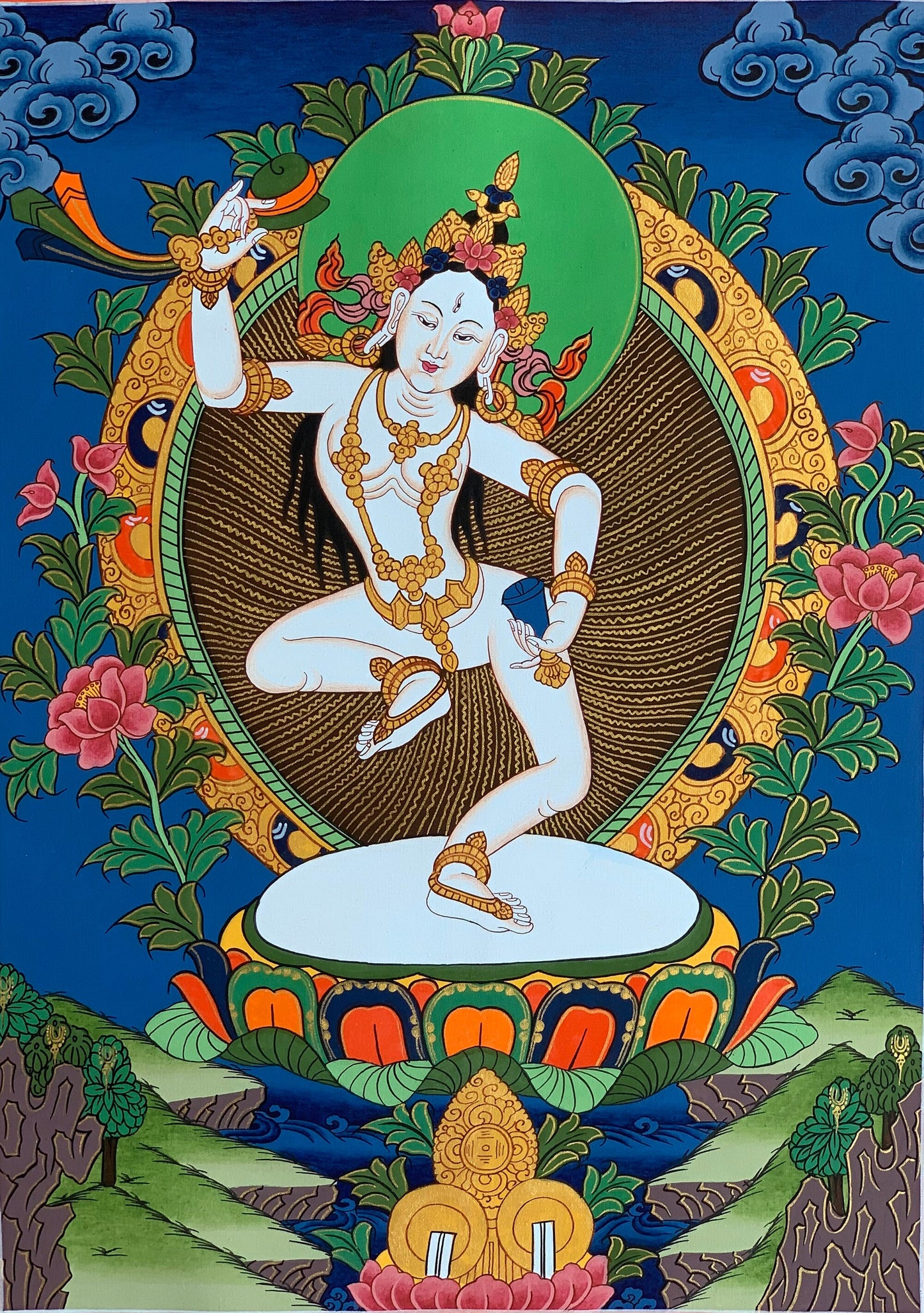 Hand-Painted, Machig Labdron, Tibetan Yogini, Original Thangka Painting, Buddhist Art, Home, Wall Décor  with Silk Brocade