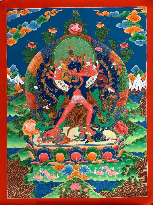 Kalachakra with consort Kalacakri/ Visvamata in Divine Union Original Masterpiece Tibetan Thangka Painting/ Kalacakra Tantra Art