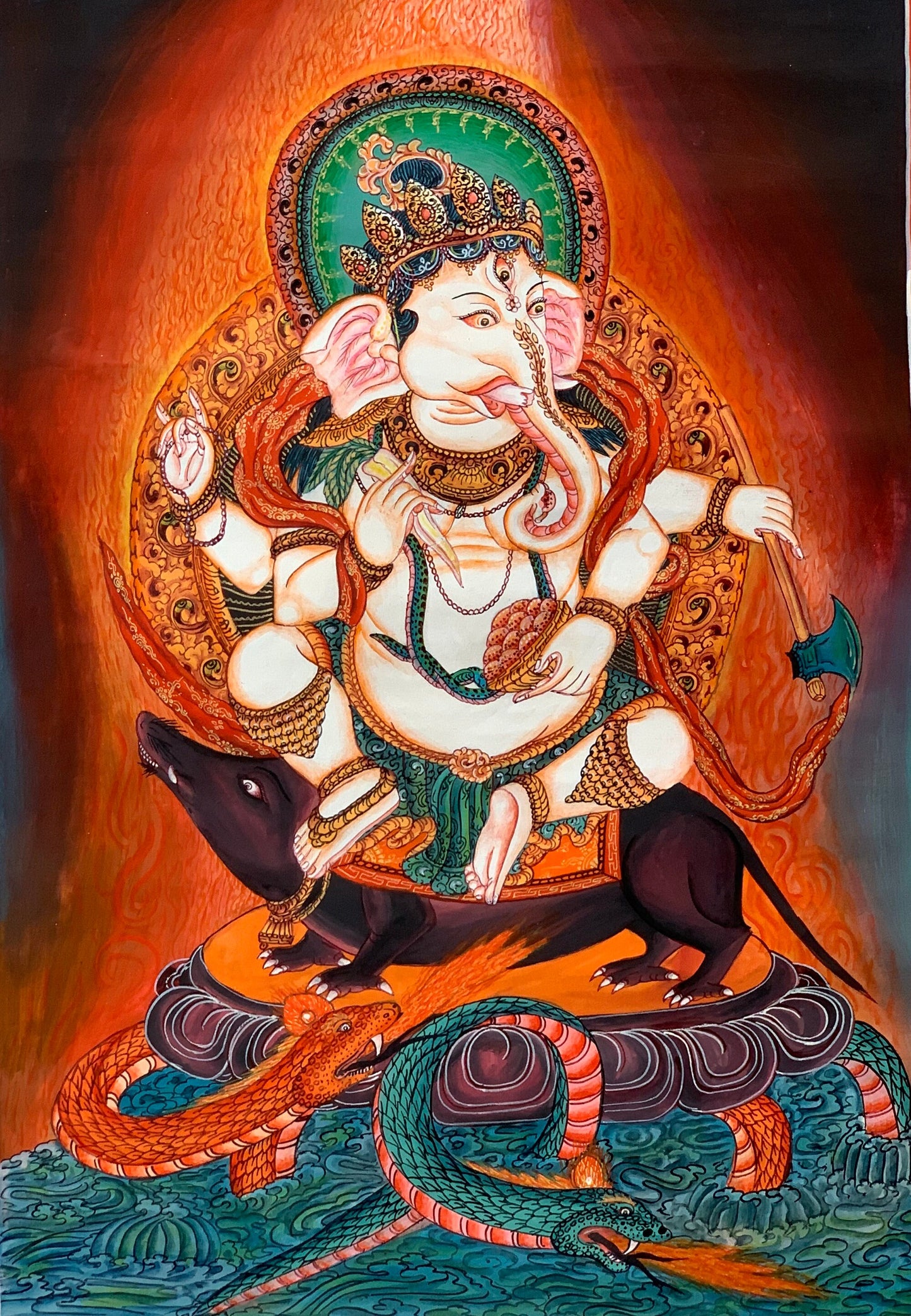 Hand-painted Original Newari Ganesh / Ganesha  Masterpiece Thanka  / Thangka Painting  Compassion Meditation Art From Nepal