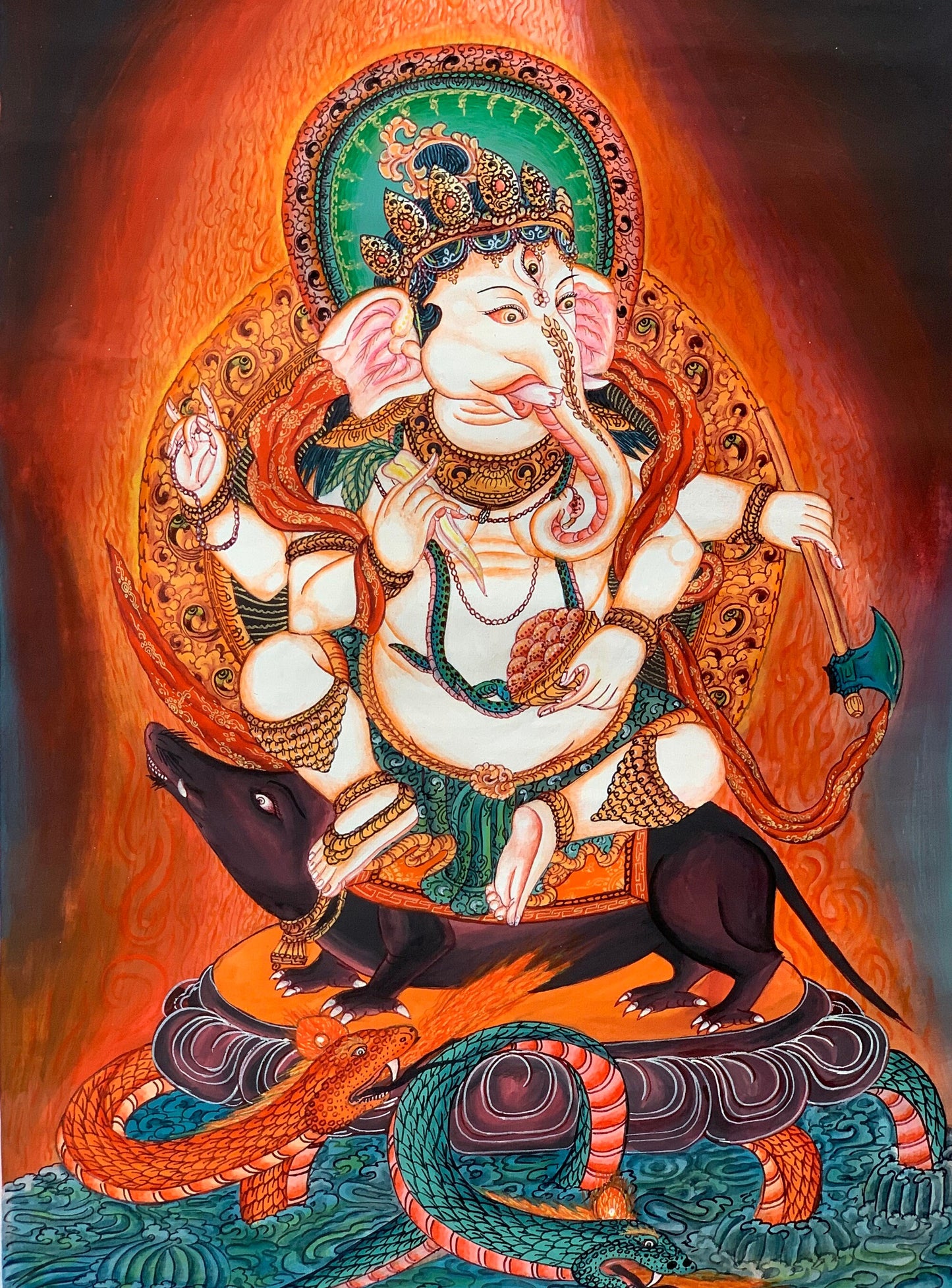 Hand-painted Original Newari Ganesh / Ganesha  Masterpiece Thanka  / Thangka Painting  Compassion Meditation Art From Nepal