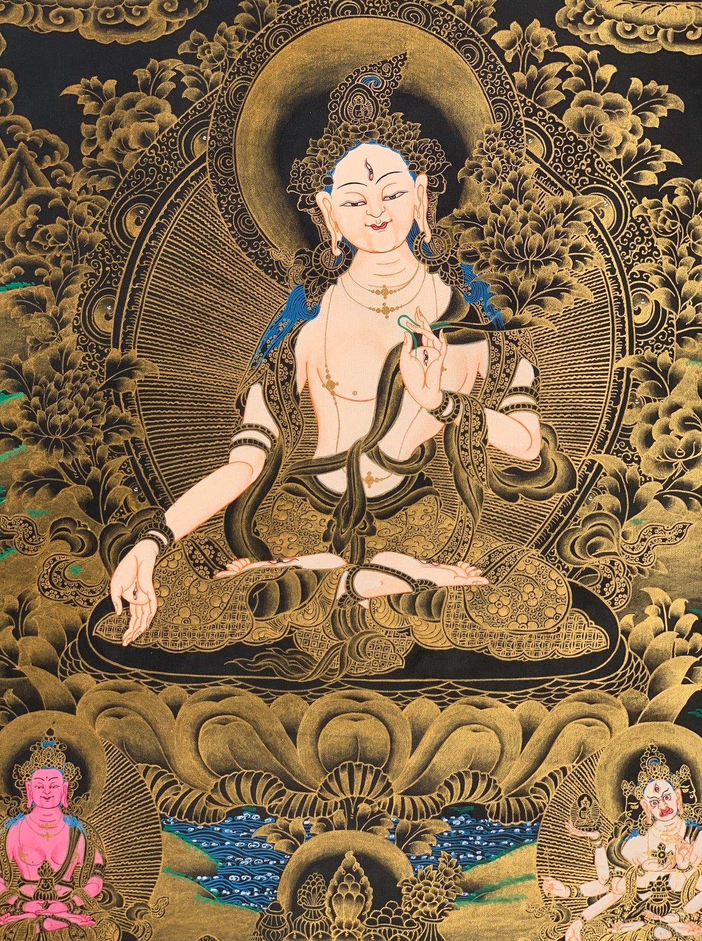 Hand-painted White Tara,  Mother Goddess, Compassion, Meditation, Original Tibetan Thangka Painting , Bordered with Silk