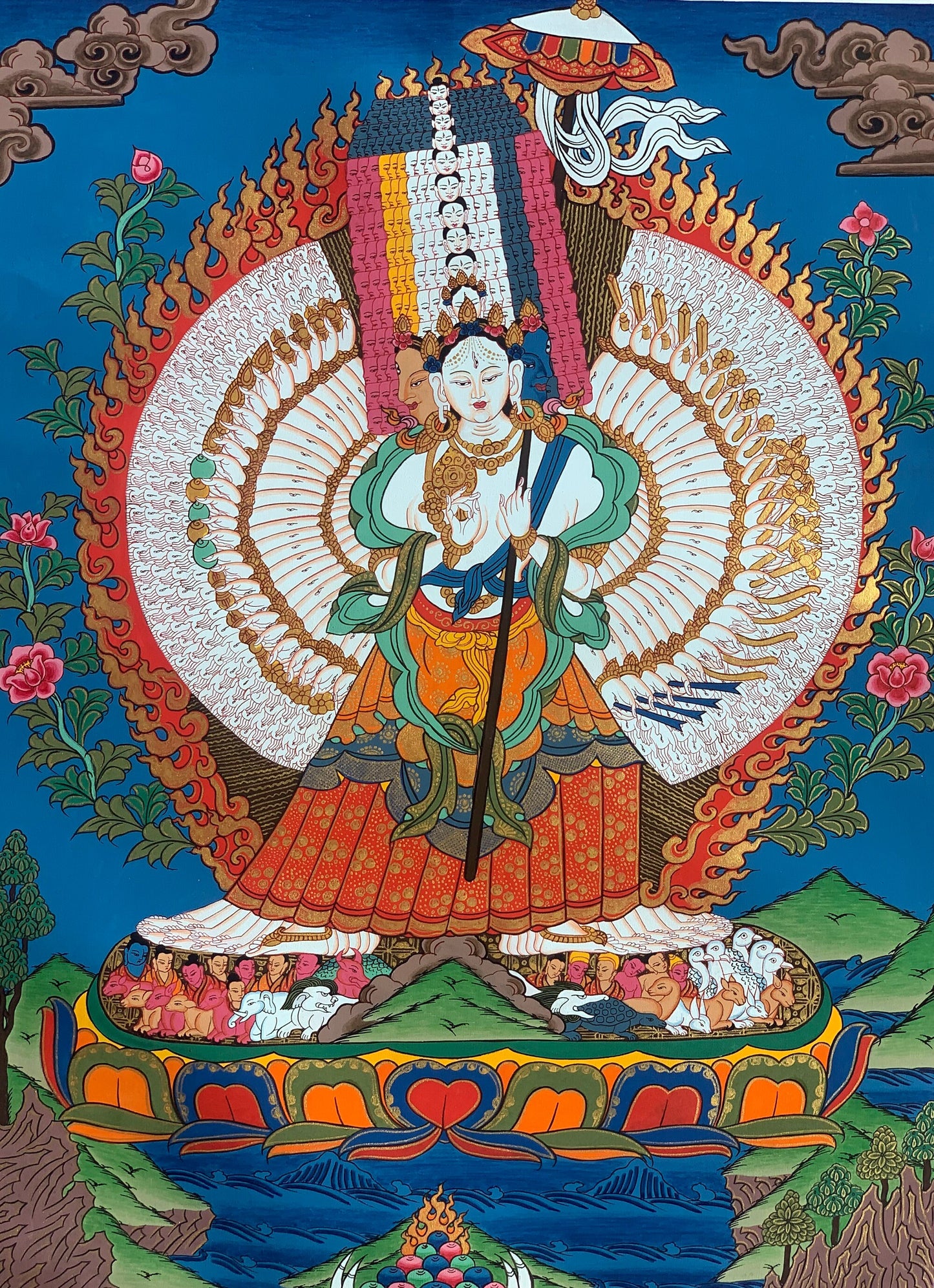 Original Hand painted Master Quality 1000 Armed Dukkar/Sitatapatra Lady of White Umbrella Compassion Meditation Tibetan Thangka Painting