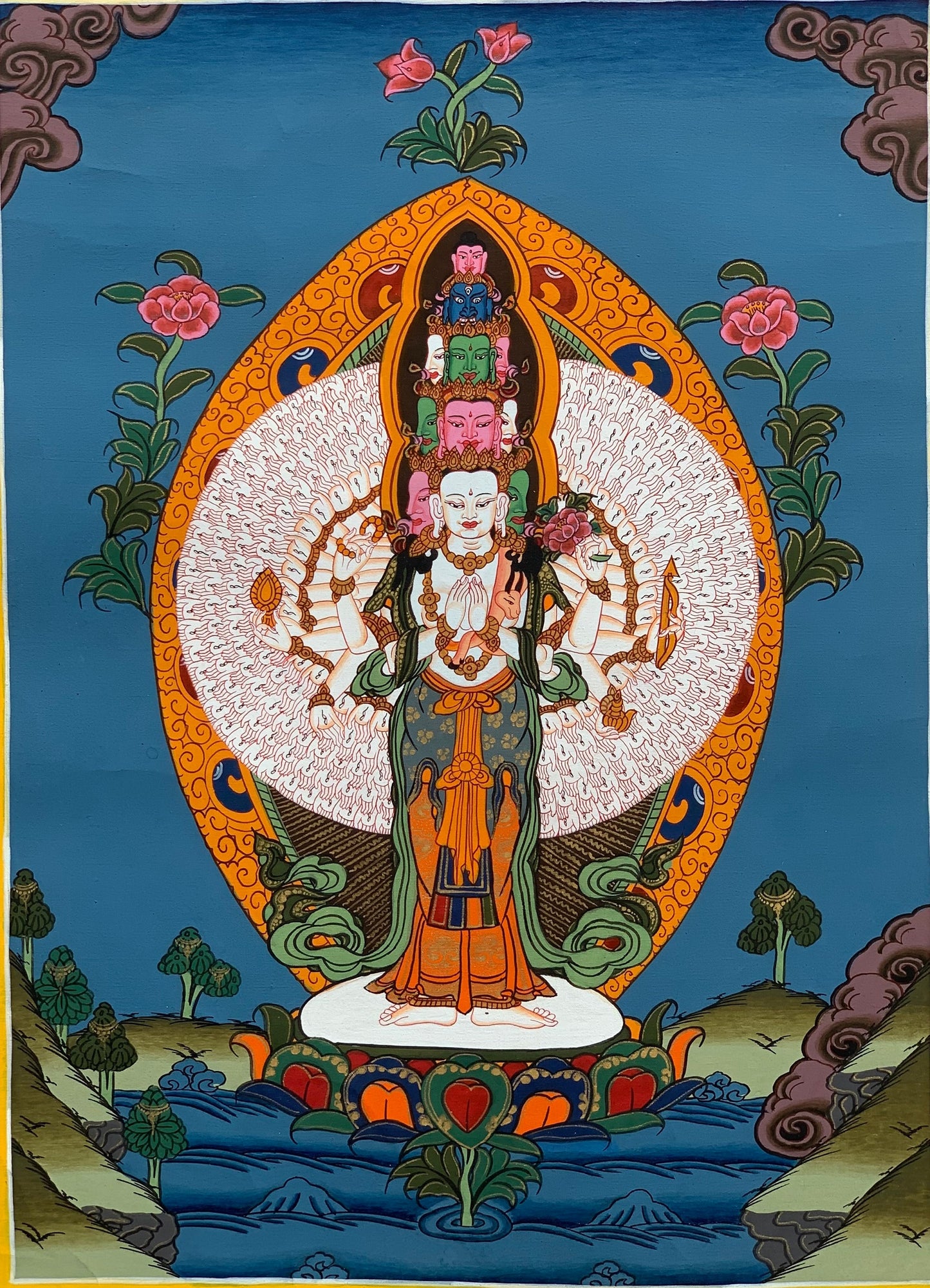 Hand-painted 1000 Armed Avalokitesvara, Lokeswor Tibetan Thangka Painting, Art  11 x 14-Inch