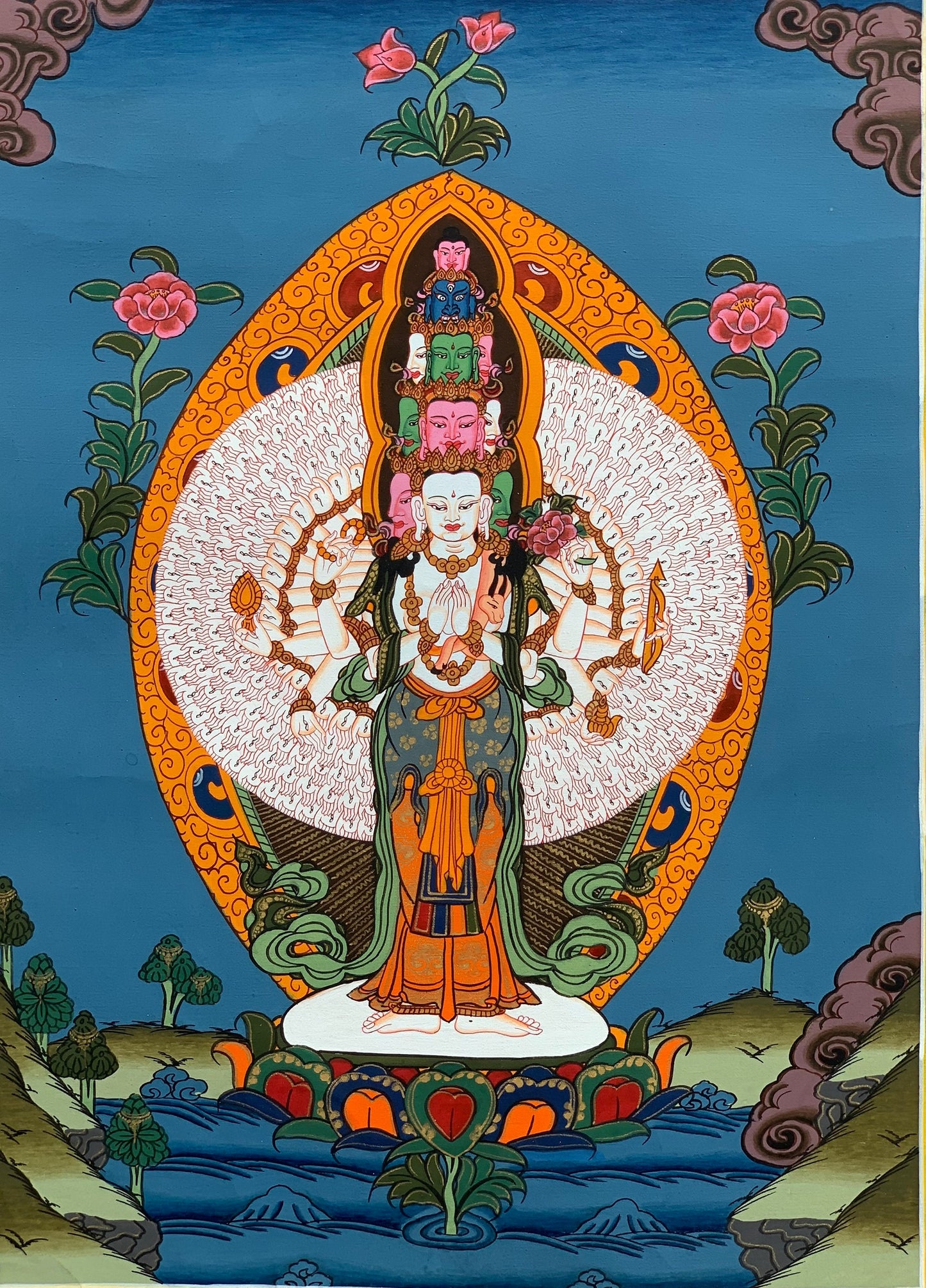 Hand-painted 1000 Armed Avalokitesvara, Lokeswor Tibetan Thangka Painting, Art  11 x 14-Inch