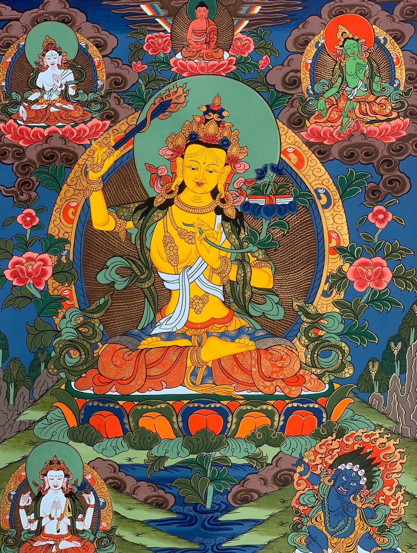 Hand-painted Manjushri, Manjushree, Wisdom Bodhisattva, Original Tibetan Thangka Painting 15 x 20- Inches