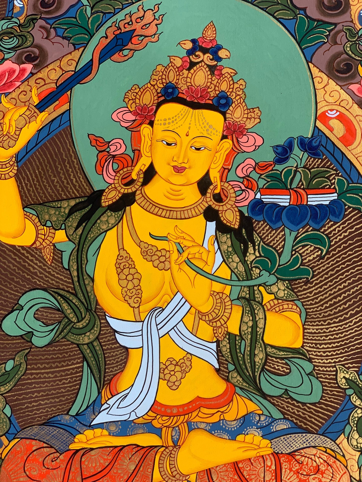 Hand-painted Manjushri, Manjushree, Wisdom Bodhisattva, Original Tibetan Thangka Painting 15 x 20- Inches