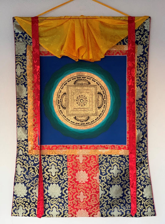 Hand-painted Sacred OM, Mantra Mandala, Thangka Painting, Bordered with Silk  29 x 43-Inch