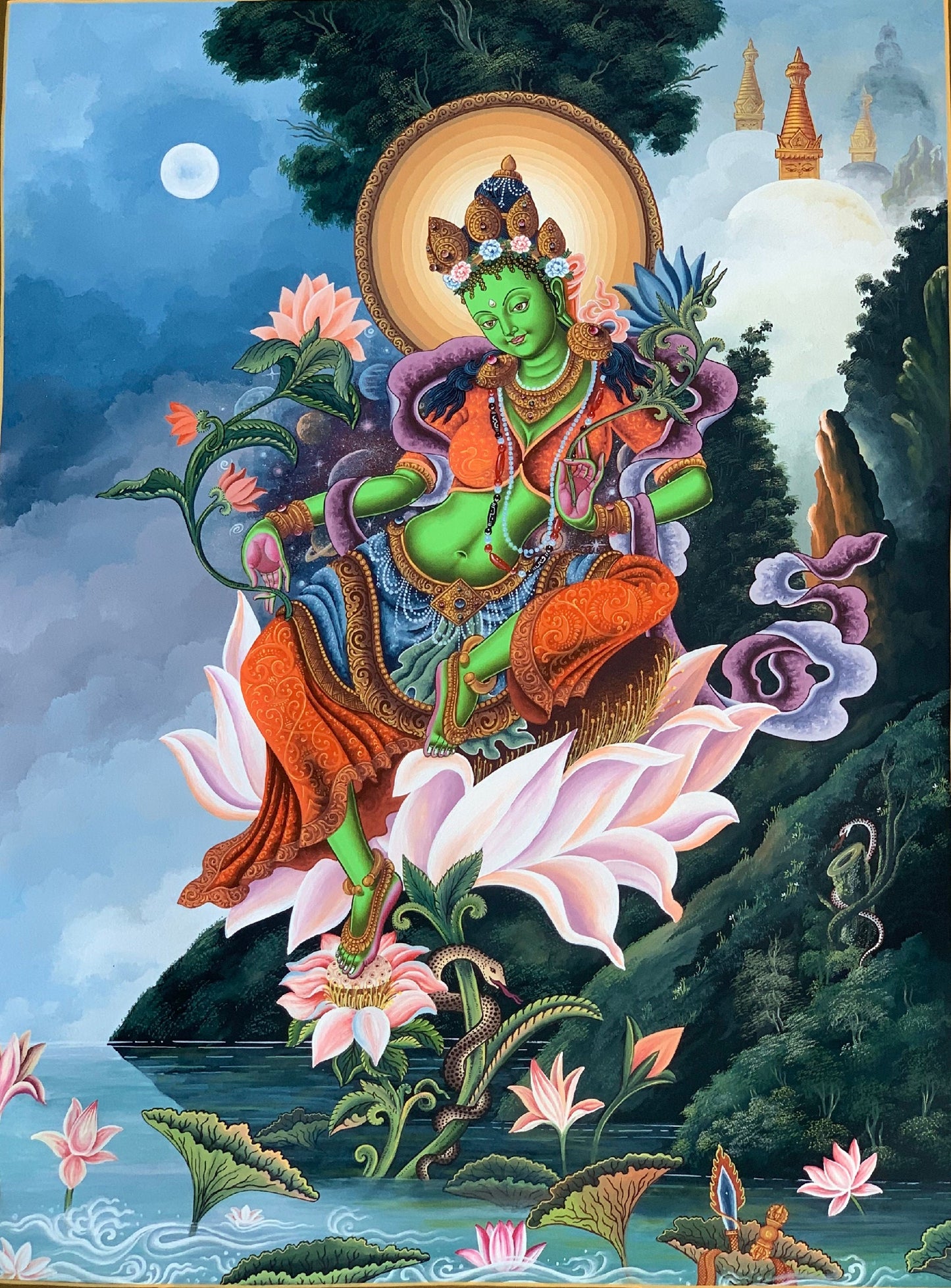 Original Hand-painted Master Quality, Rare, Masterpiece, Newari Green Tara,  Paubha/Pauba/ Pauva/ Thangka Painting 18 x 24-Inch