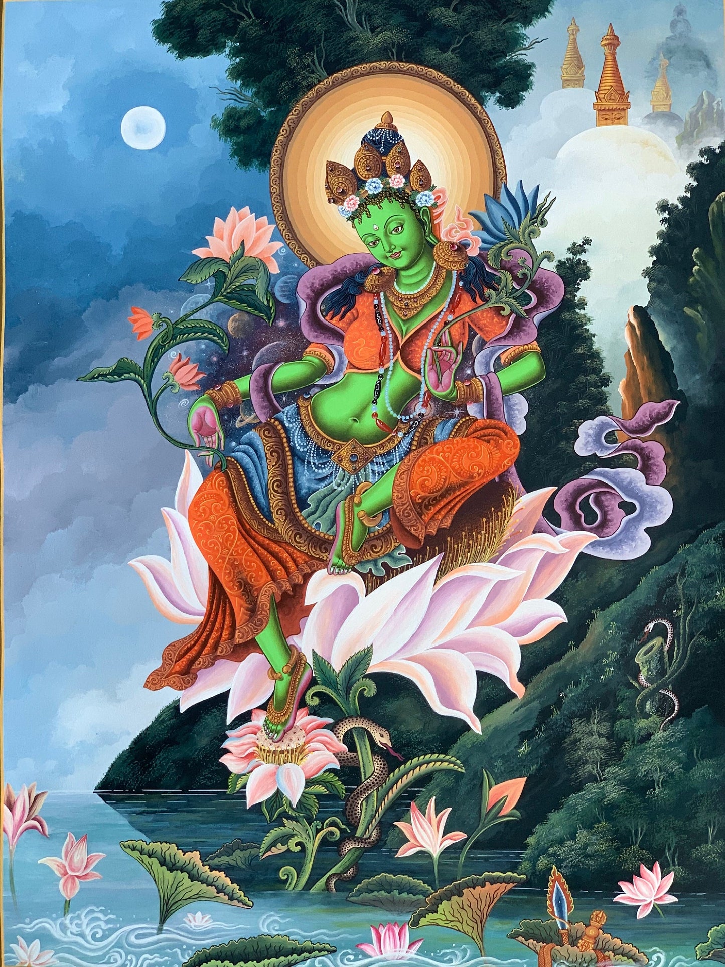 Original Hand-painted Master Quality, Rare, Masterpiece, Newari Green Tara,  Paubha/Pauba/ Pauva/ Thangka Painting 18 x 24-Inch