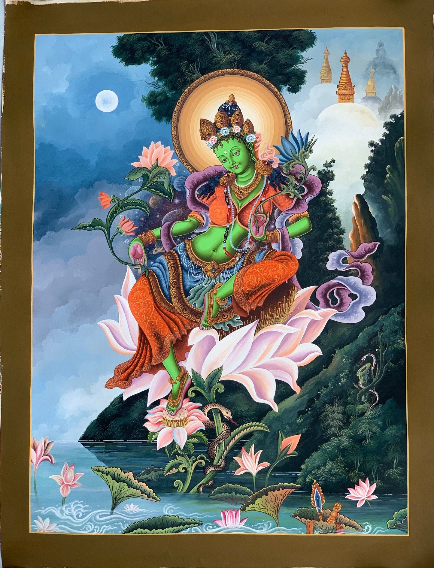 Original Hand-painted Master Quality, Rare, Masterpiece, Newari Green Tara,  Paubha/Pauba/ Pauva/ Thangka Painting 18 x 24-Inch