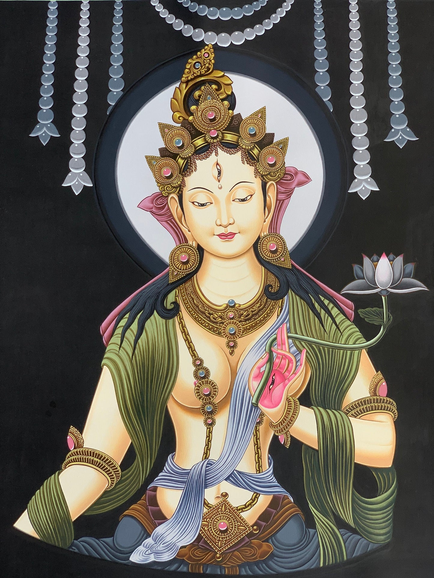 Original Hand Painted White Tara / Mother Tara Masterpiece Newari Tibetan Thangka / Thanka Painting/ Compassion Meditation Art From Nepal