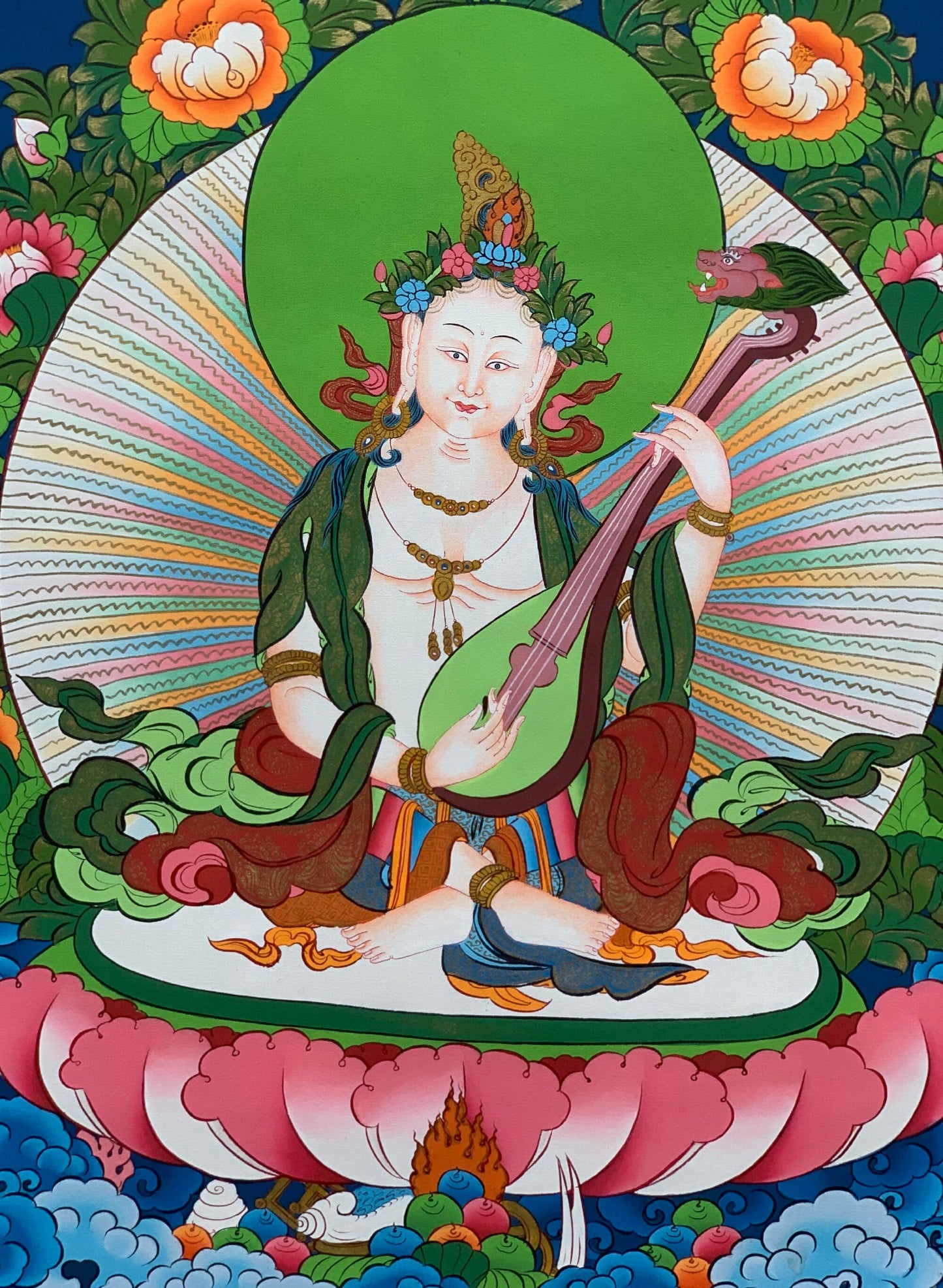 Hand-painted  Saraswati, Goddess of Learning and Art, Music, Thangka Painting 17 x 24-Inch