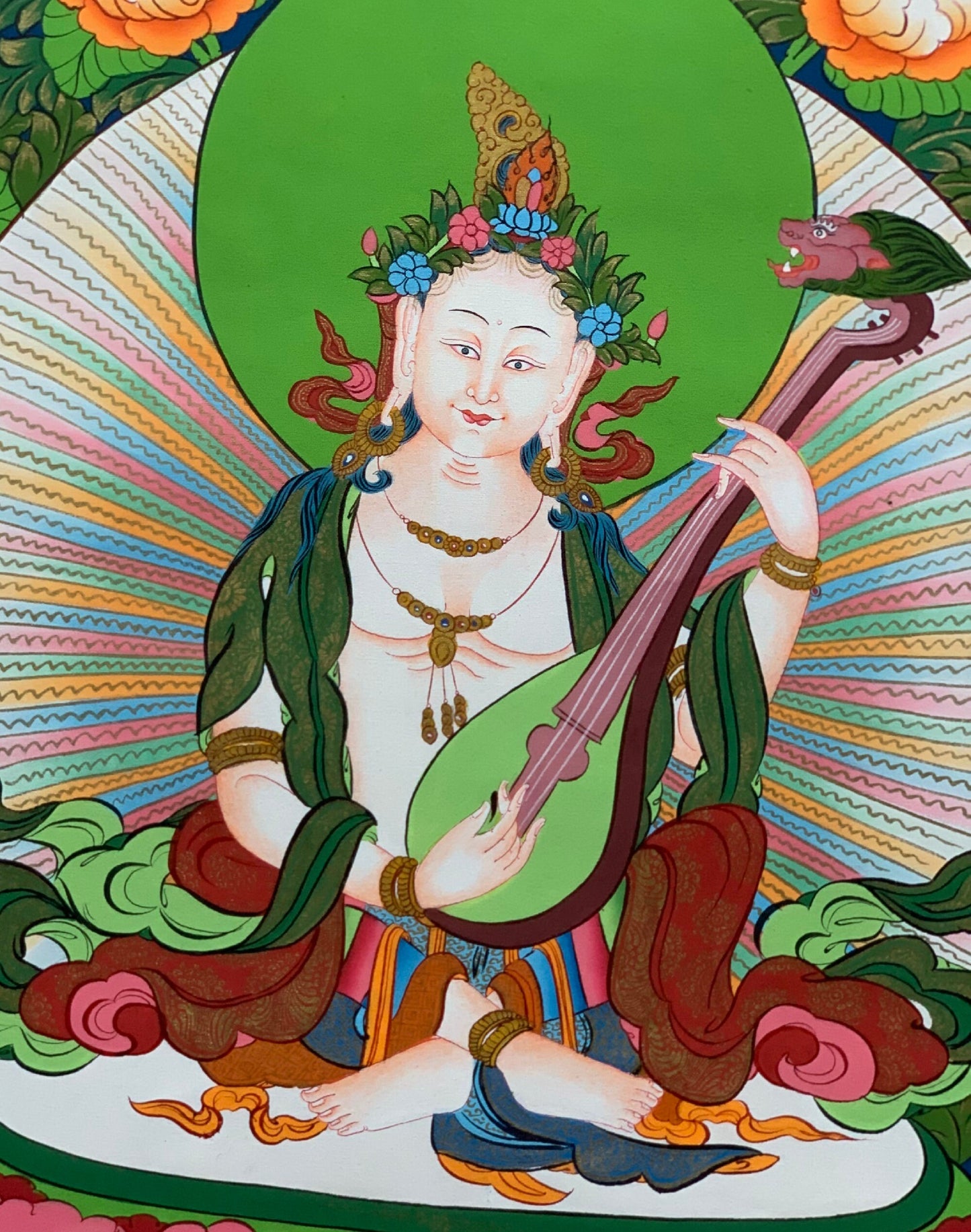 Hand-painted  Saraswati, Goddess of Learning and Art, Music, Thangka Painting 17 x 24-Inch