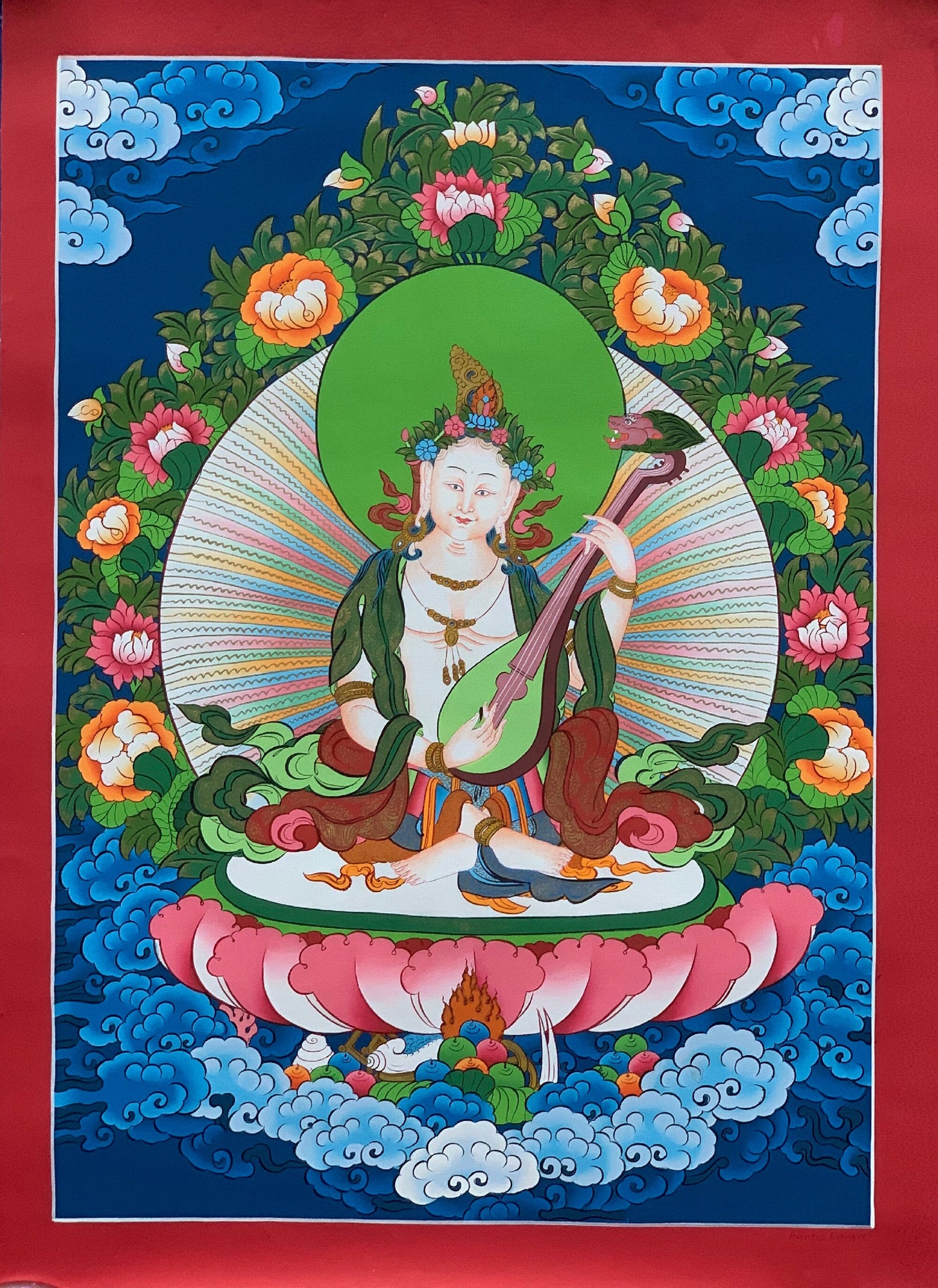 Hand-painted  Saraswati, Goddess of Learning and Art, Music, Thangka Painting 17 x 24-Inch