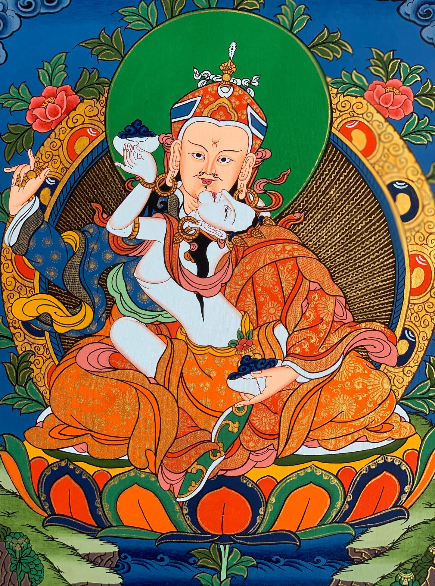 Hand-painted Padmasambhava, Guru Shakti, Guru Rinpoche, With Consort Mandarava Tibetan Thangka Painting