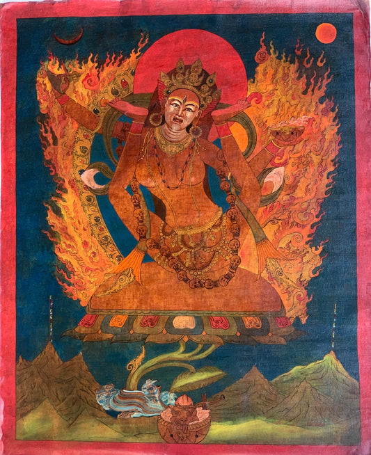 Exquisite Original Hand-Painted Vajrayogini Yogini/ Jogini:  Timeless Old Oil-Varnished Newari Paubha/Pauva Thangka Painting from Nepal