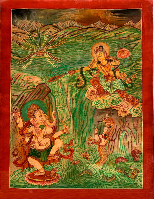 Hand-Painted Manjushri, Manjushree, Manjusri, Newari Pauba, Unique, Oiled Thangka Painting 15 x 21 -Inches