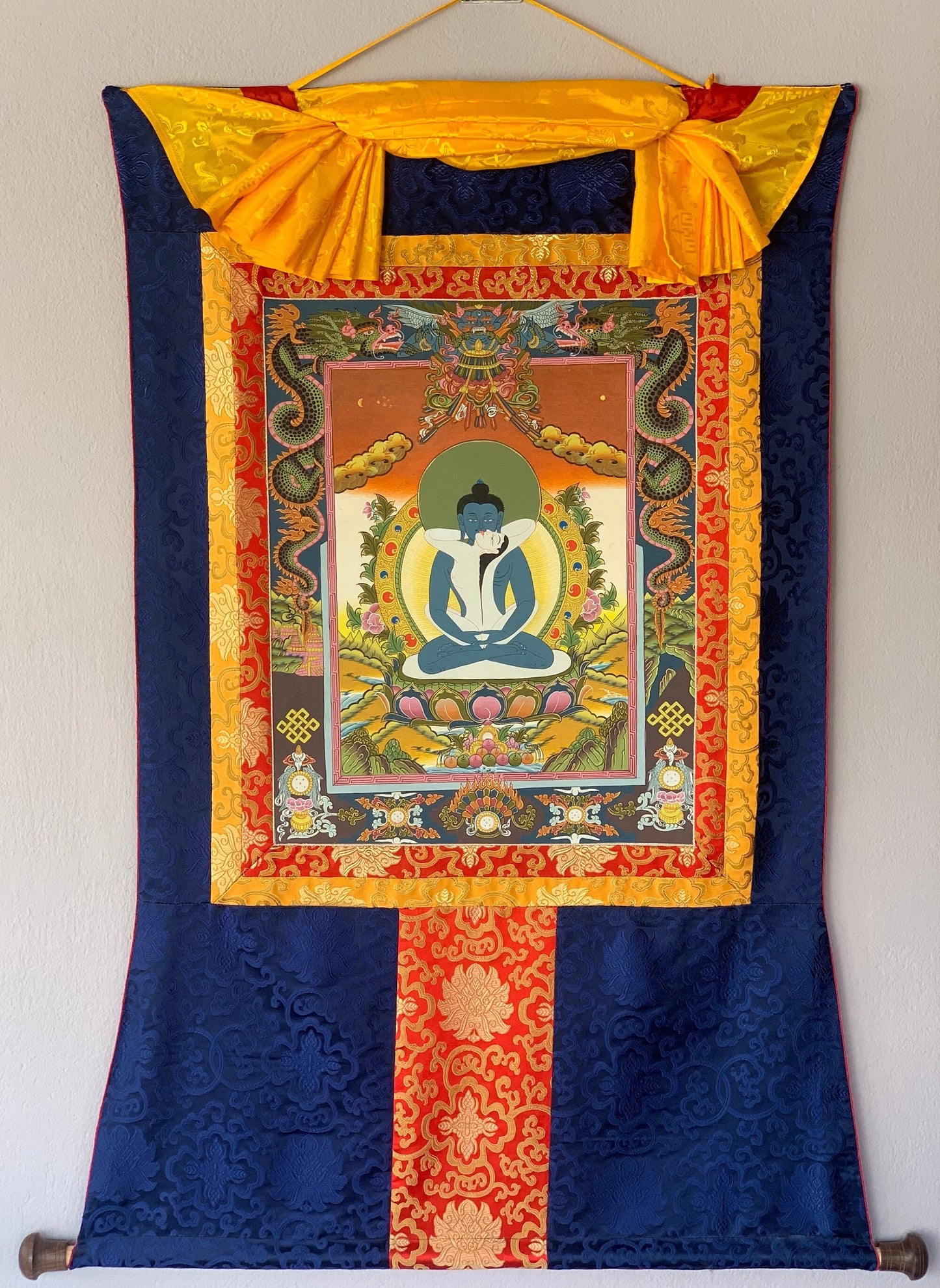 Hand-painted  Buddha Shakti, Samantabhadra, Tibetan Thangka Painting with Silk Brocade