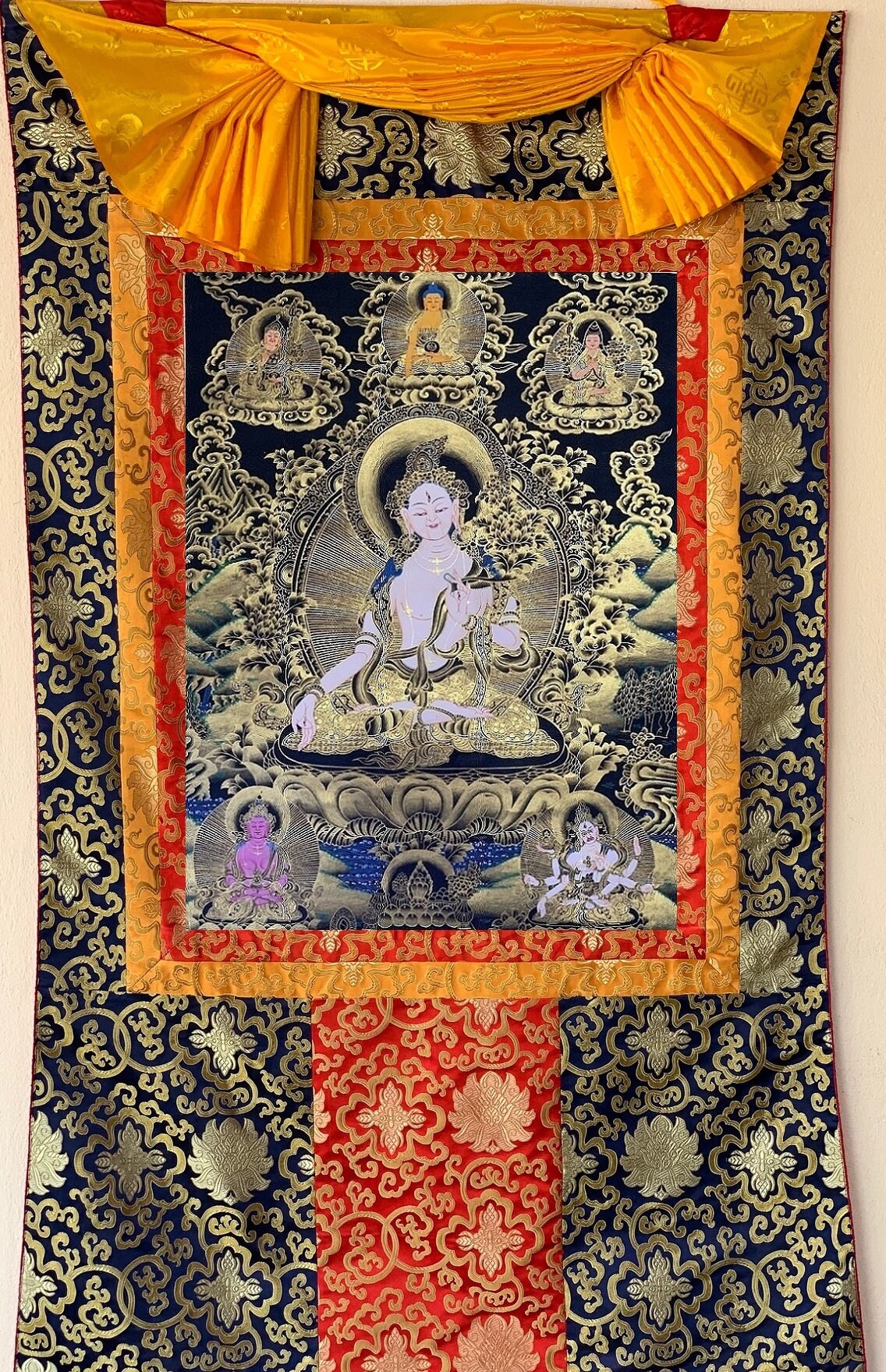 Hand-painted White Tara,  Mother Goddess, Compassion, Meditation, Original Tibetan Thangka Painting , Bordered with Silk