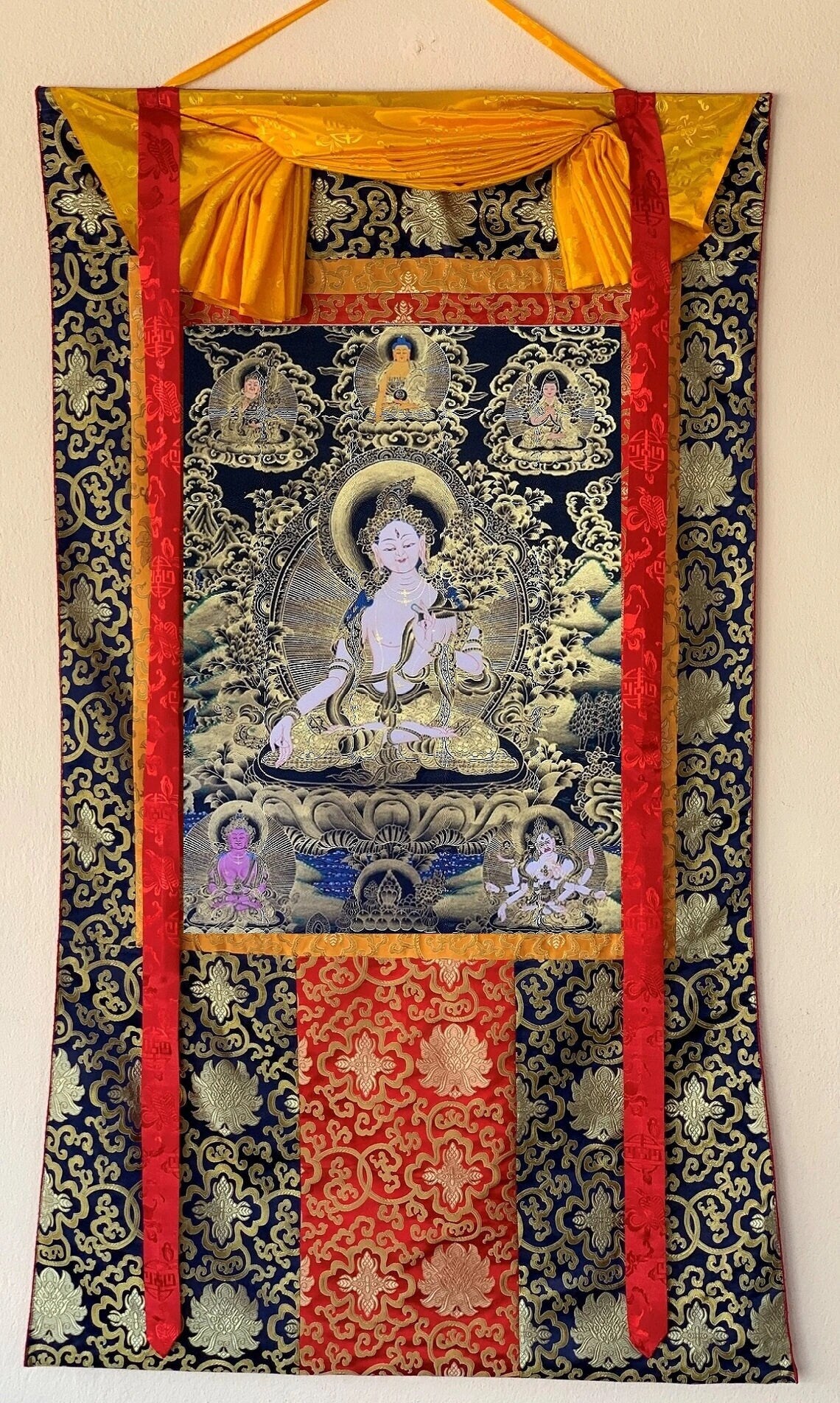 Hand-painted White Tara,  Mother Goddess, Compassion, Meditation, Original Tibetan Thangka Painting , Bordered with Silk